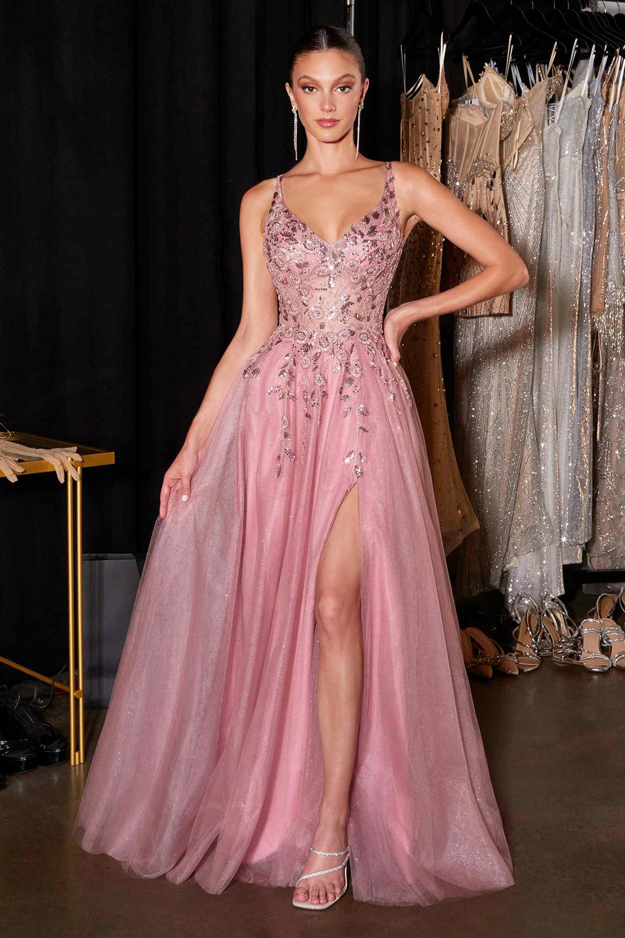 Ladivine CD2412 Magical A-Line Floral Applique Glitter Tulle Gown