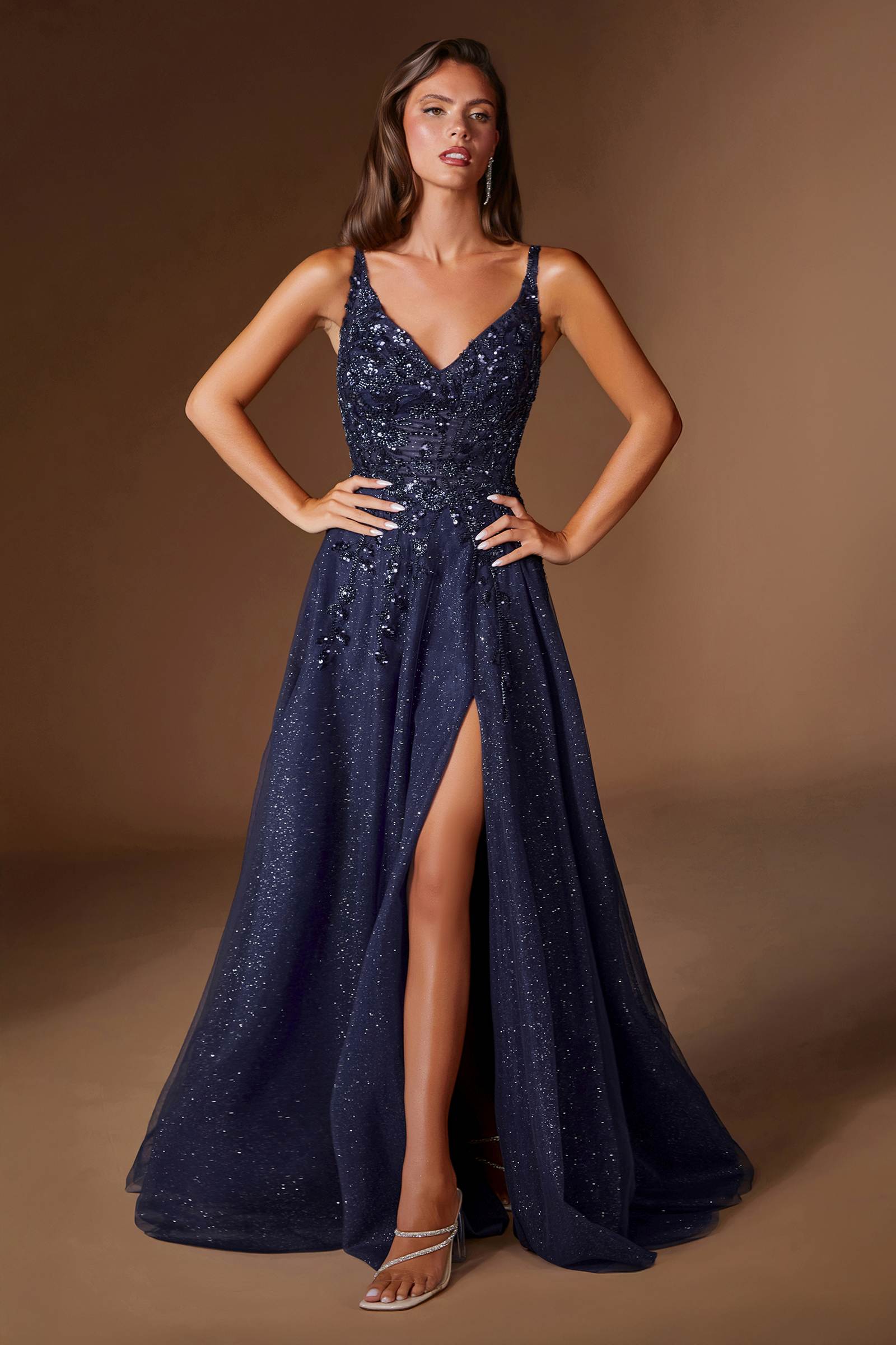 Ladivine CD2412 Magical A-Line Floral Applique Glitter Tulle Gown