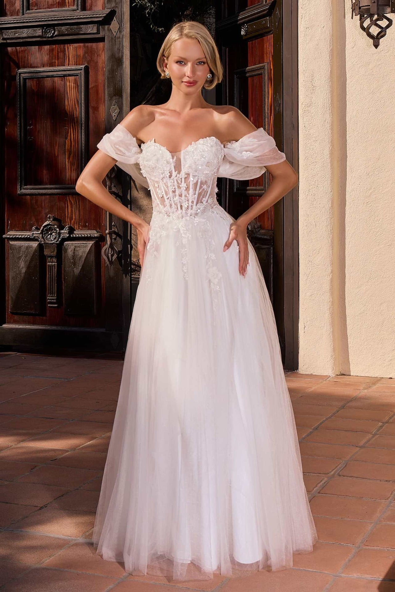 Ladivine CD2426W Off-Shoulder Corset Tulle Ball Gown with Floral Applique