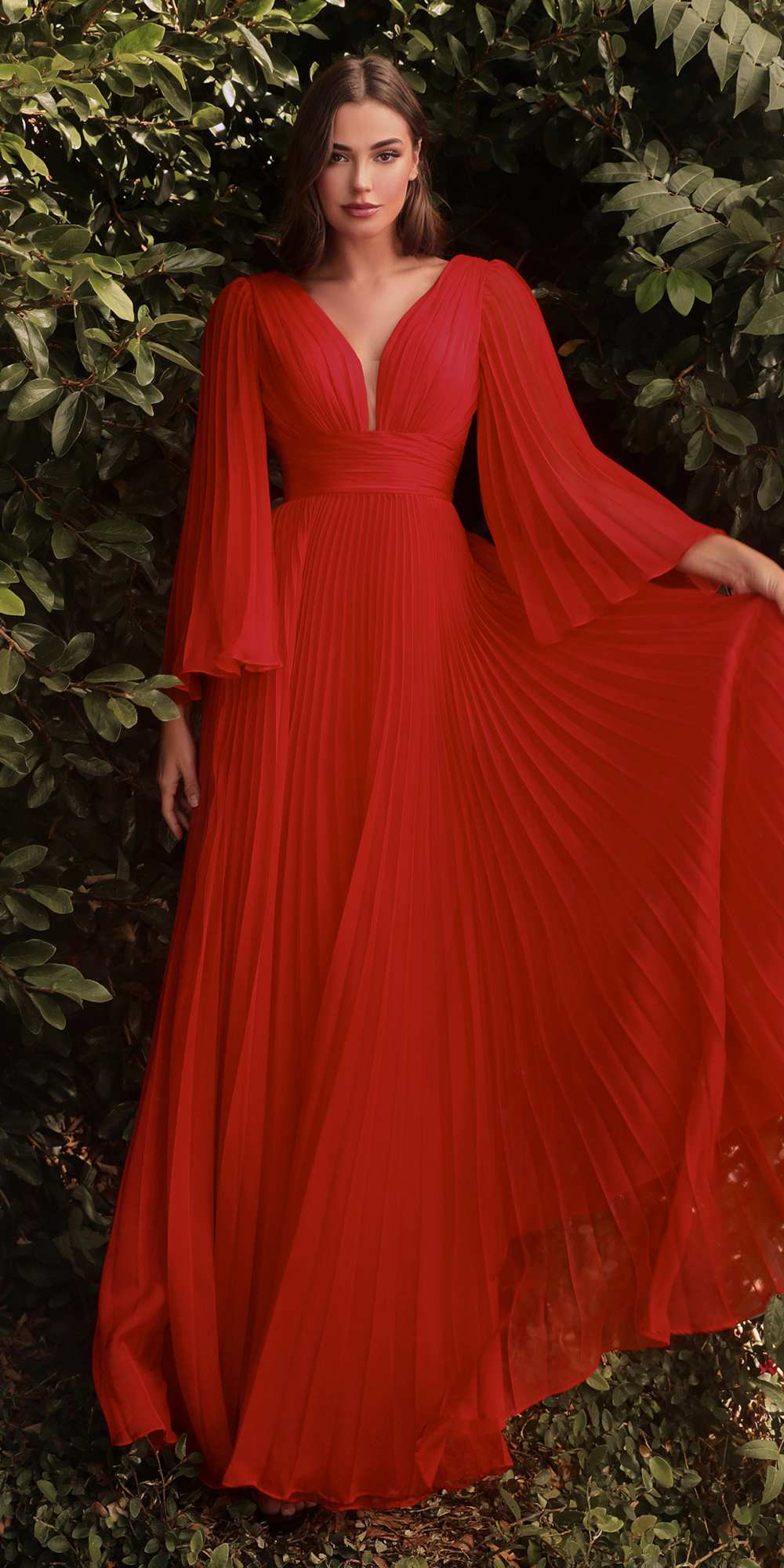 Cinderella Divine CD242 Pleated Chiffon Long Sleeve Gown