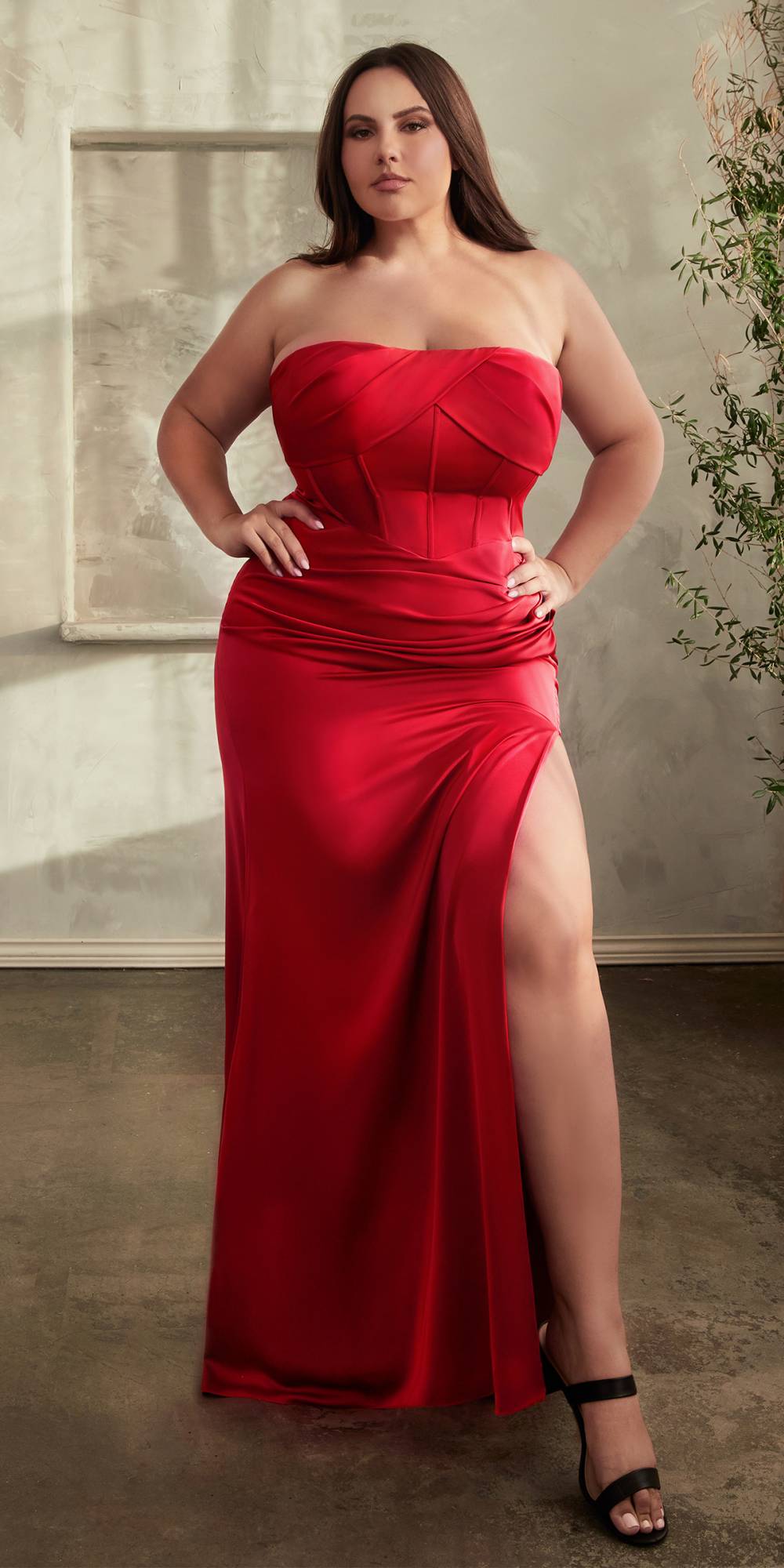 Ladivine CD326 Long Strapless Soft Satin Dress Boned Bodice