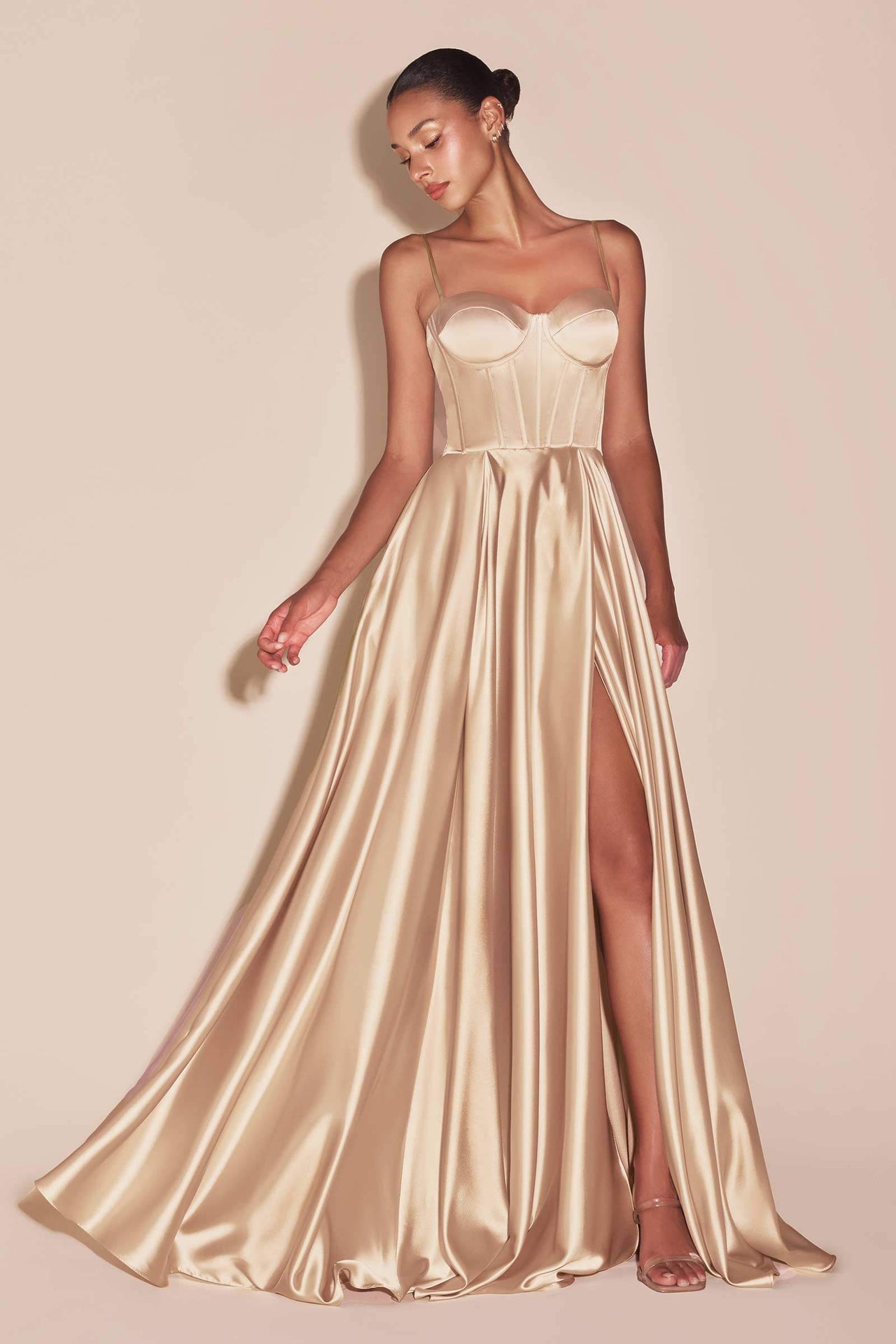 Ladivine CD337C Long A-Line Slit Satin Bustier Prom Dress