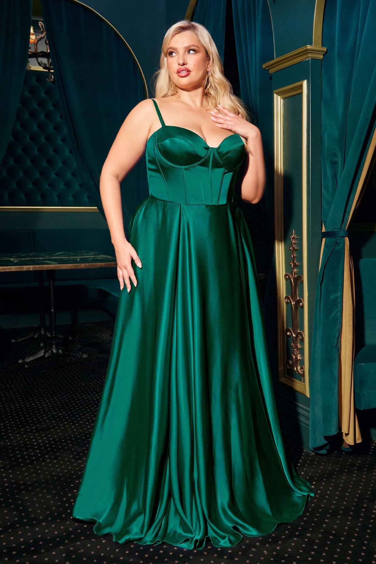 Ladivine CD337C Long A-Line Slit Satin Bustier Prom Dress