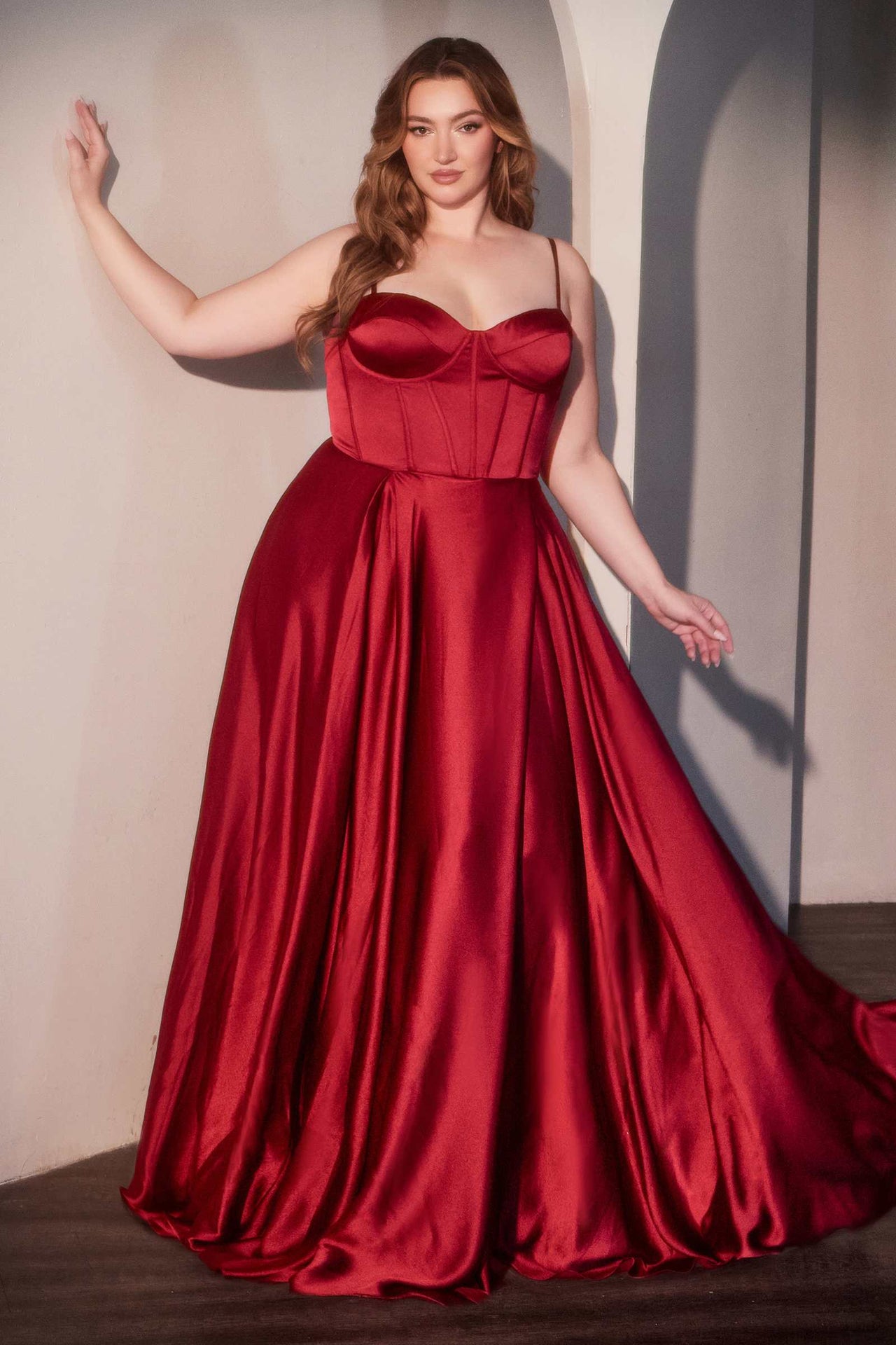 Ladivine CD337C Long A-Line Slit Satin Bustier Prom Dress