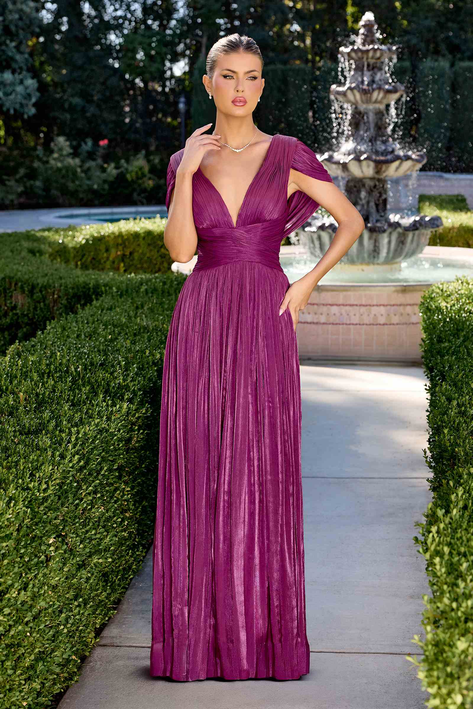 Ladivine CD413 Ethereal Shimmering Pleated Chiffon A-Line Gown