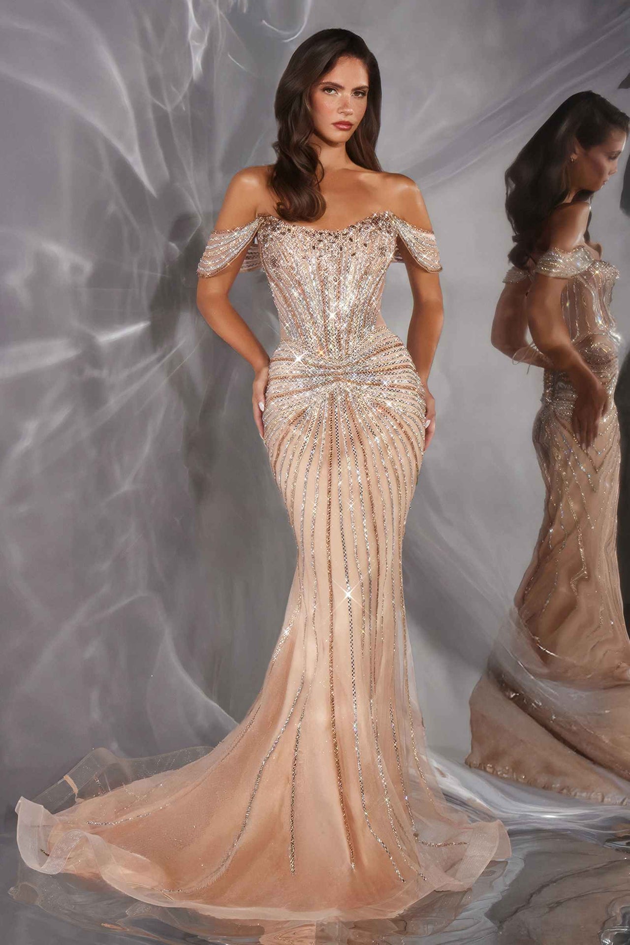 Ladivine CD654 Off Shoulder Glitter Fitted Corset Bodice Mermaid Gown