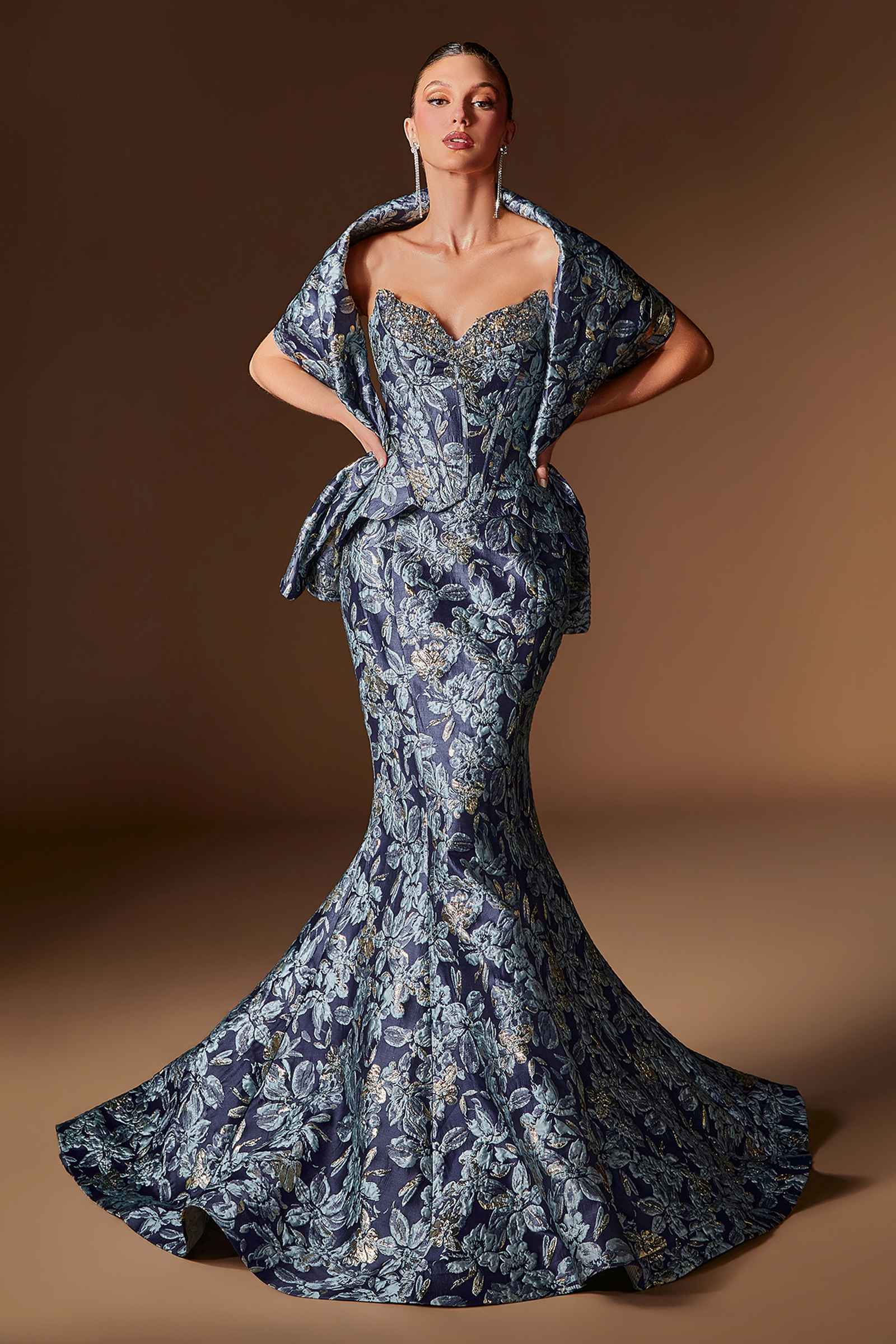 Ladivine CD655 Luxurious Floral Jacquard Fitted Mermaid Gown