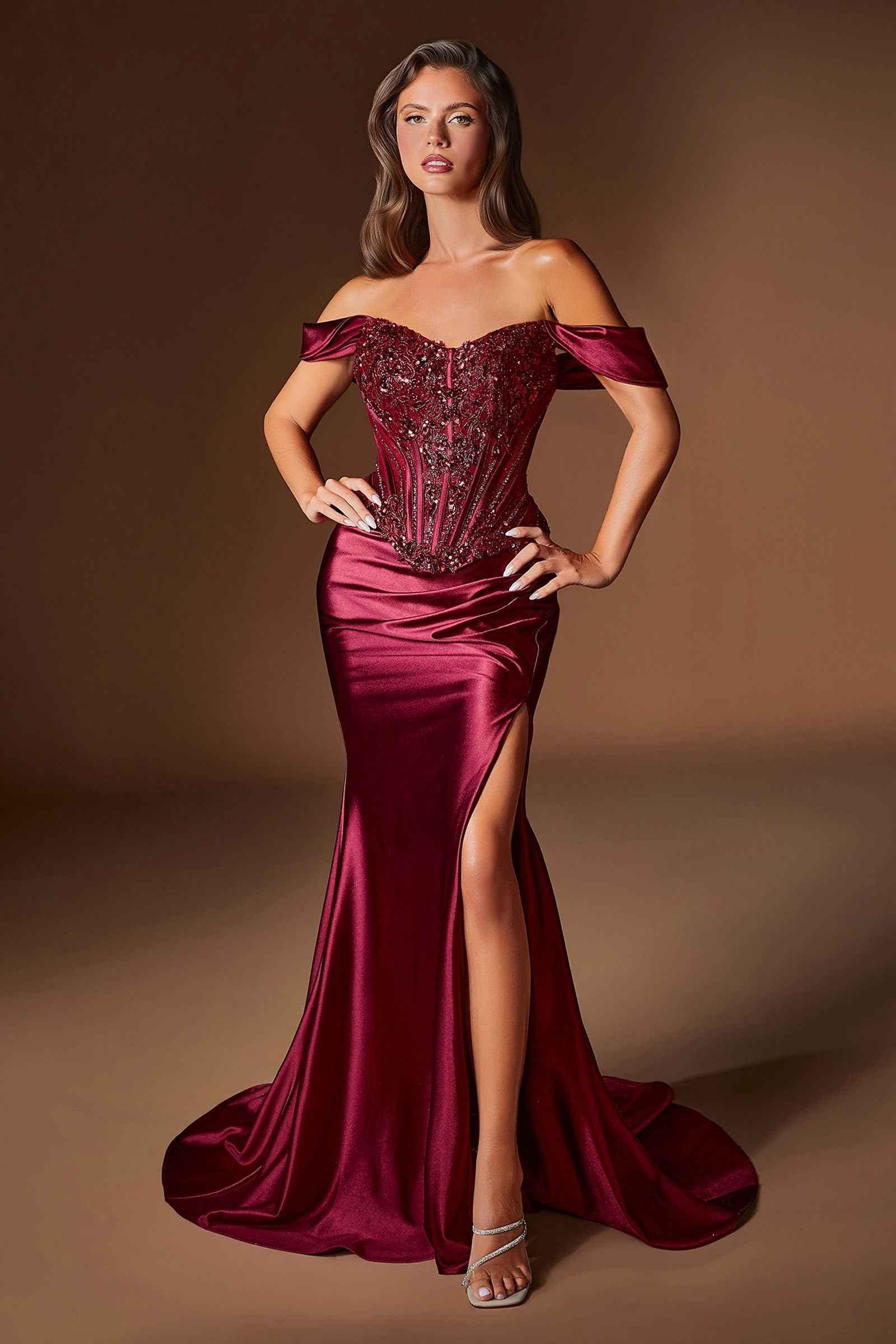 Ladivine CD656 Off the Shoulder Embellished Corset Bodice Fitted Gown