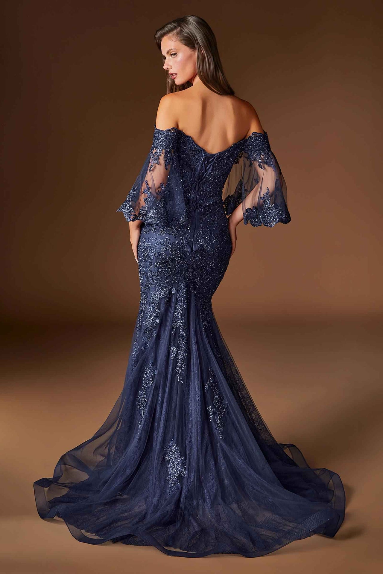 Ladivine CD659 Off the Shoulder Bell Sleeves Fitted Mermaid Gown