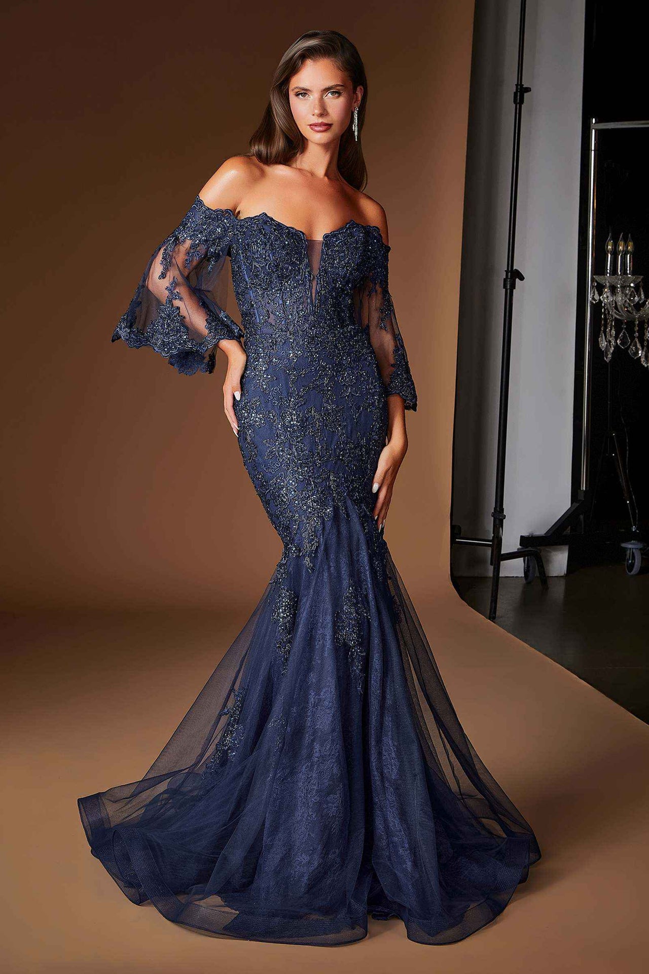 Ladivine CD659 Off the Shoulder Bell Sleeves Fitted Mermaid Gown