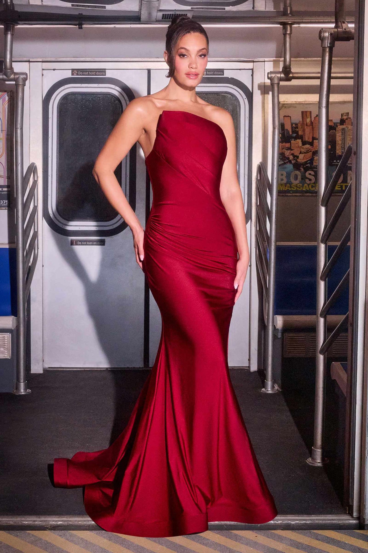 Ladivine CD694 Luxe Stretch Satin Fitted Evening Dress