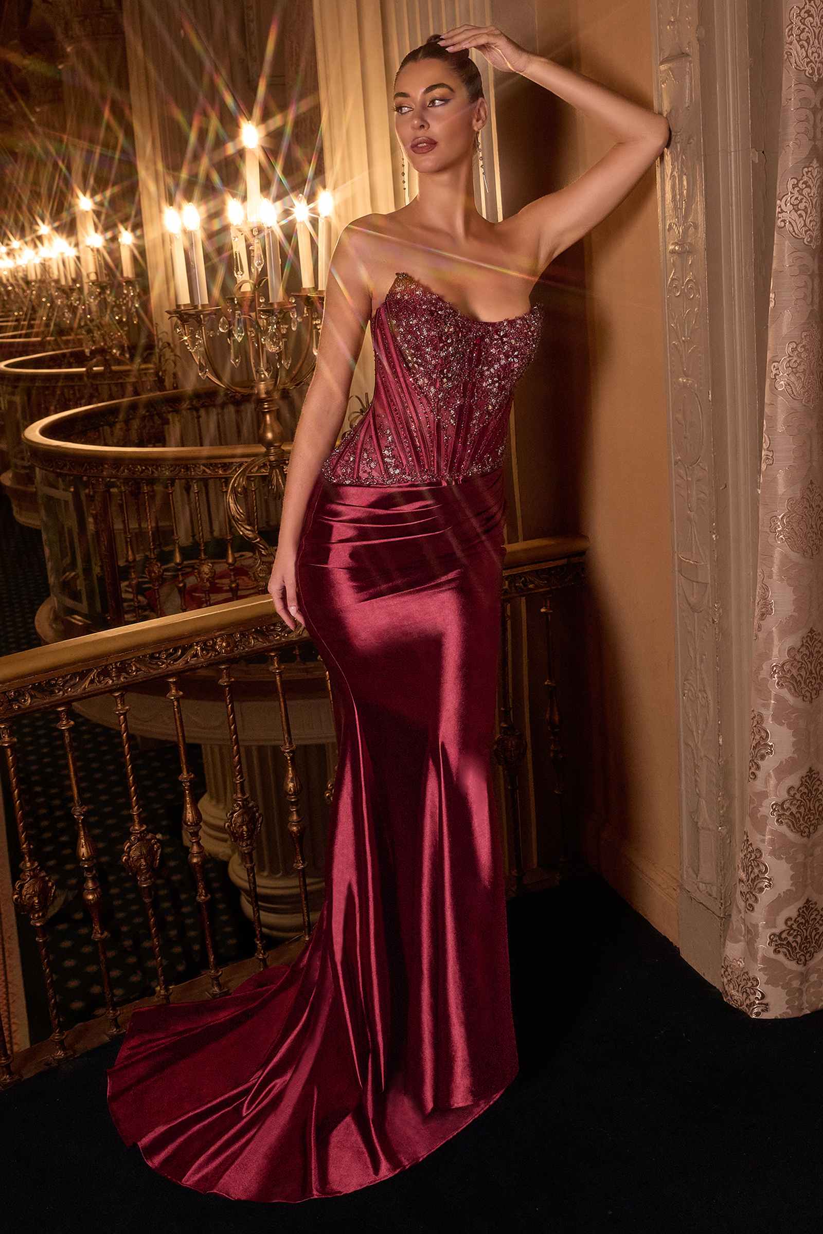 Ladivine CD725 Strapless Fitted Gown Scoop Neckline Crystal Lace