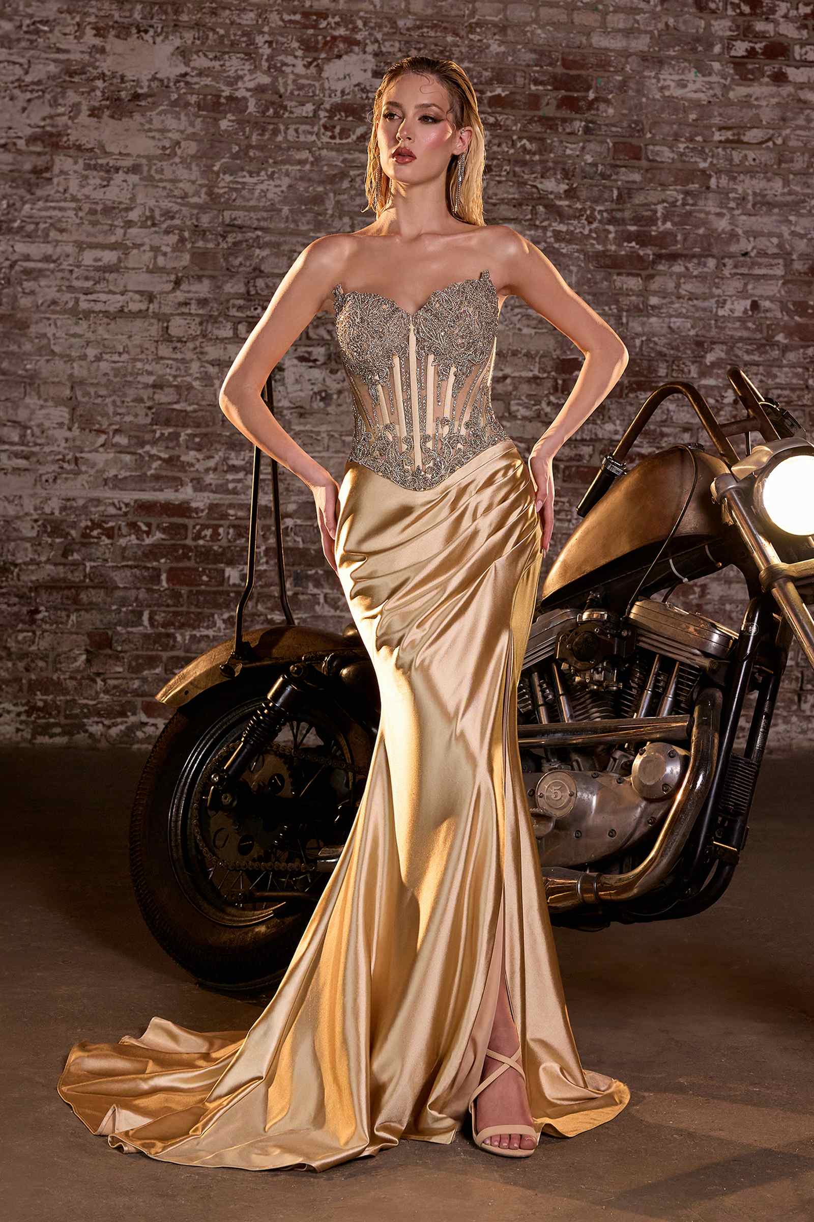Ladivine CD736 Dress Crystal Strapless Fitted Satin Gown