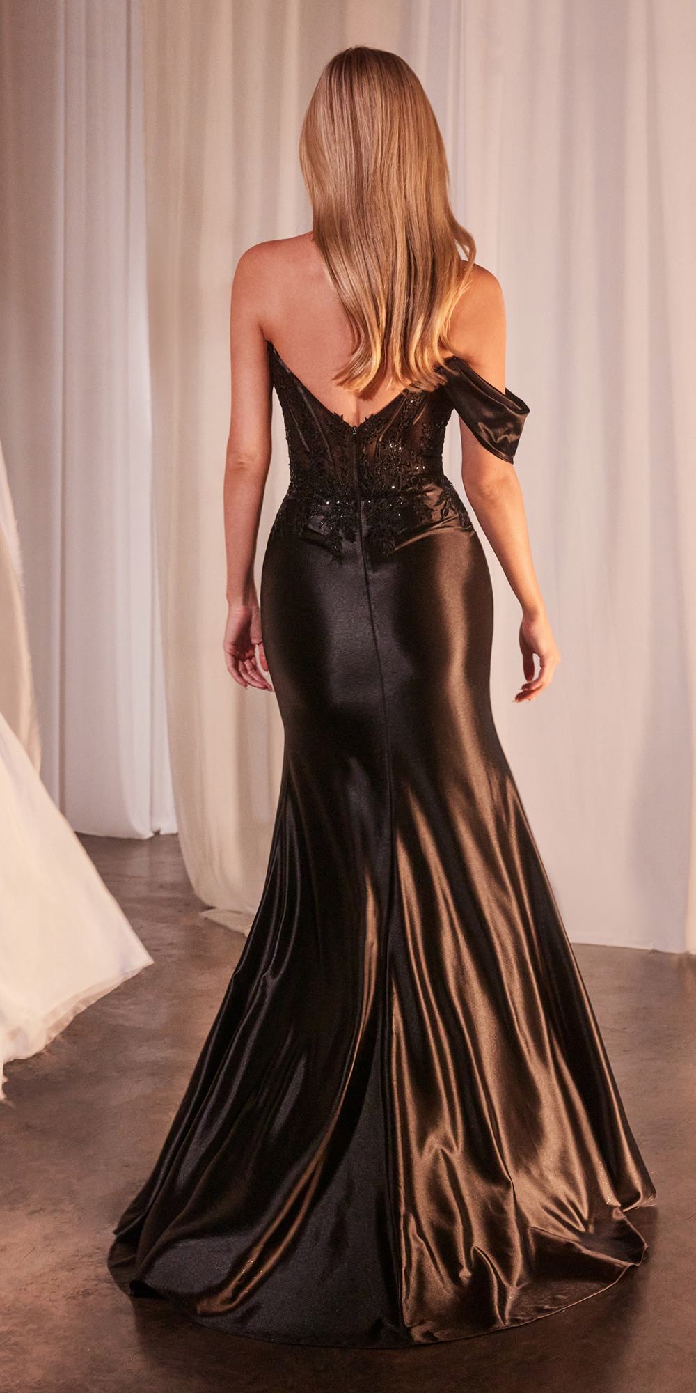Ladivine CD804 Off Shoulder Lace & Satin Fit & Flare Prom Gown
