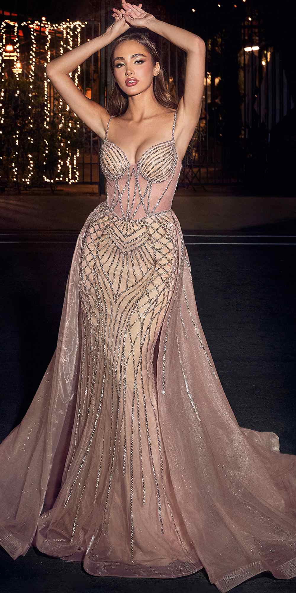 CLEARANCE - Ladivine CD863 Floor Length Fitted Beaded Tulle Rose Champagne Gown (Size 10)