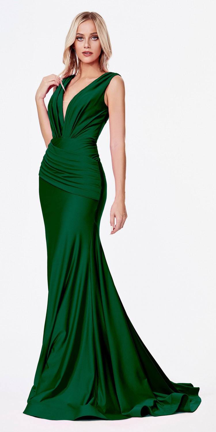 Cinderella Divine CD912 Fitted Jersey Gown Ruched Waistline Pleated Deep V-Neckline