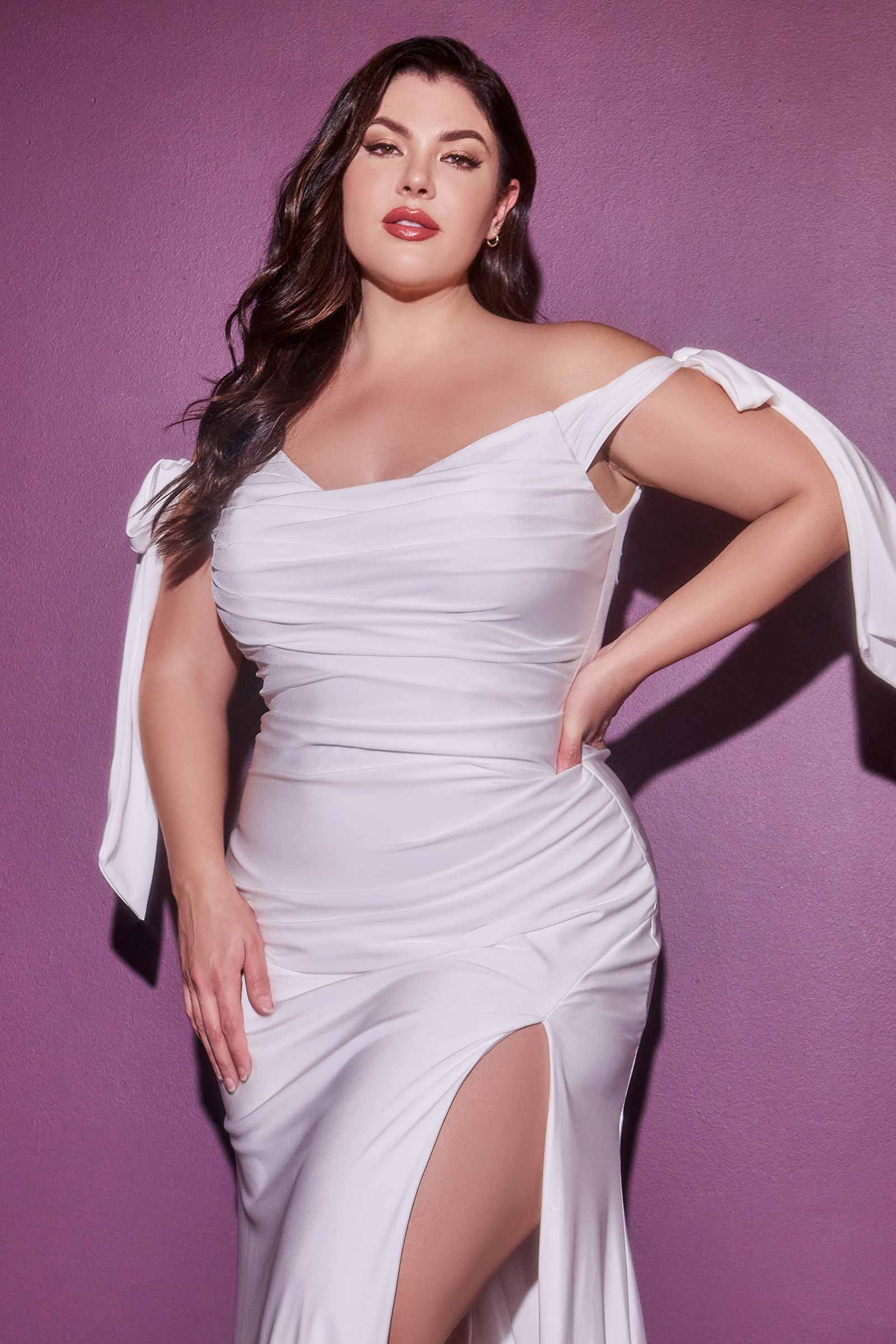 Cinderella Divine CD944WC Long Stretch Satin Gown Off The Shoulder Tie Sleeve