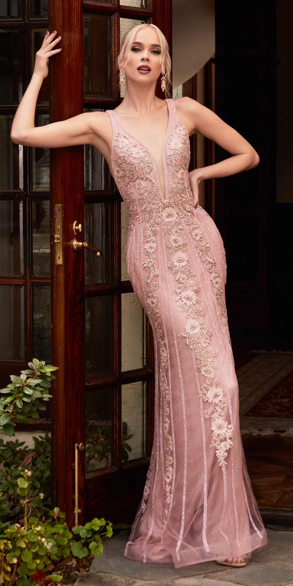 Cinderella Divine CD981 Long Pastel Column Beaded Lace Dress