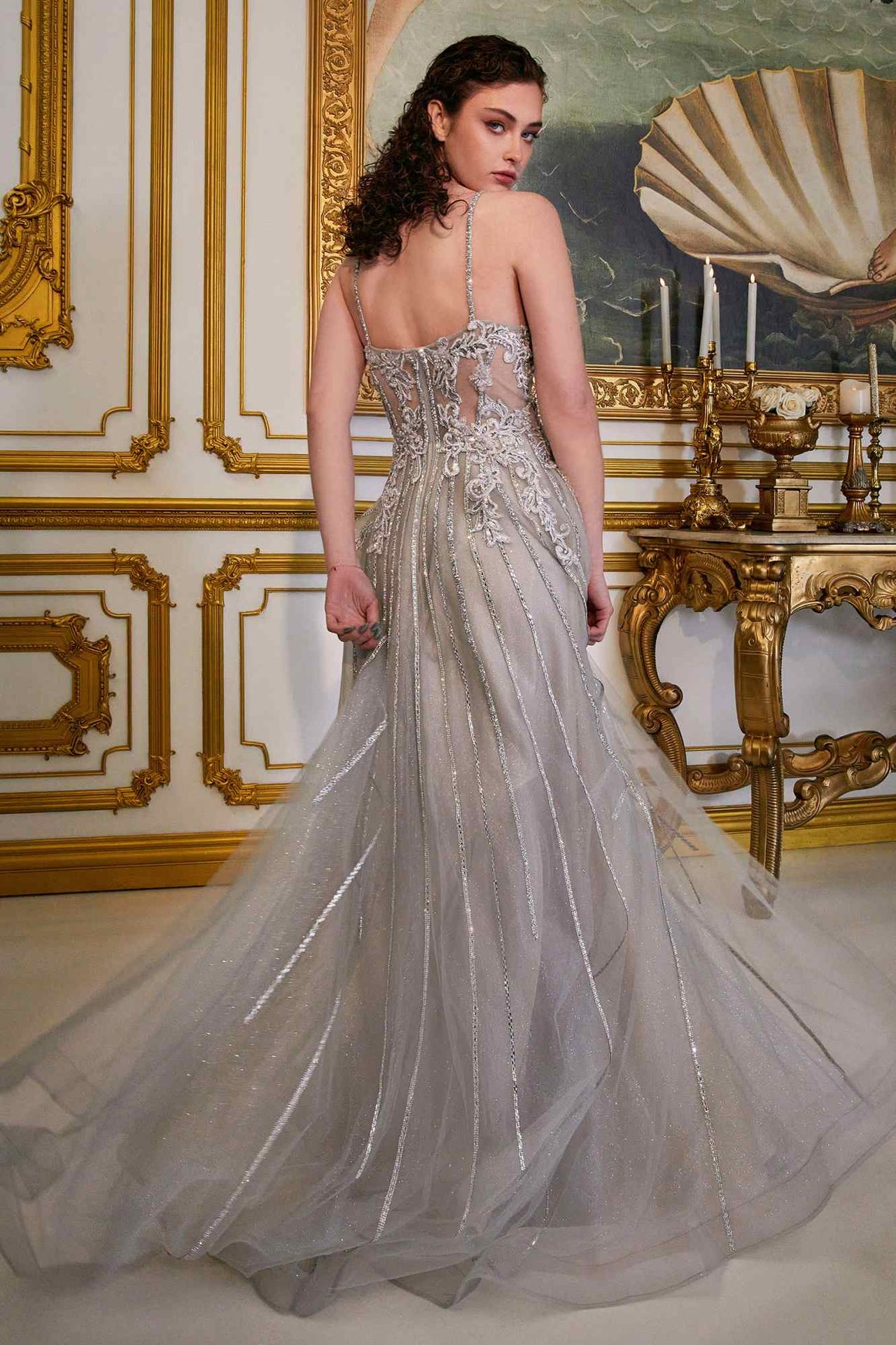 Cinderella Divine CD994 Long A-Line Beaded Tulle Gown Lace Detail V-Neck