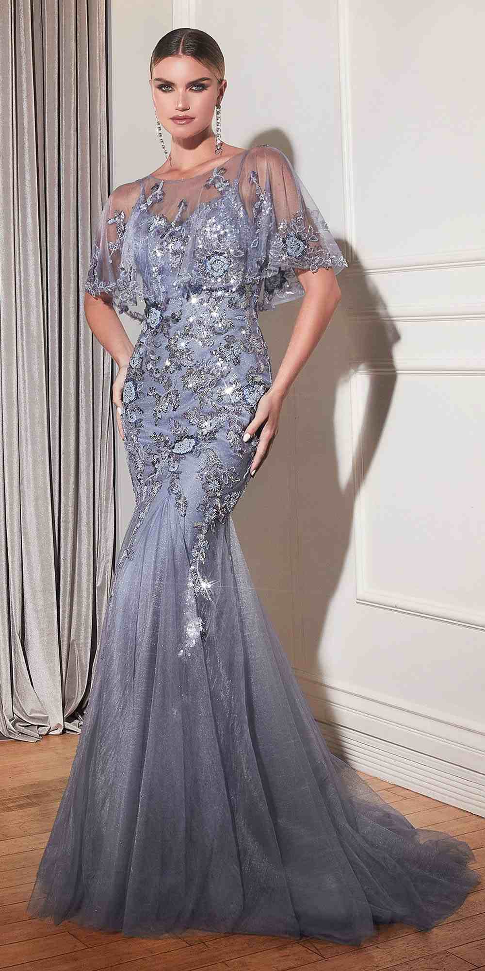Cinderella Divine CDS438 Long Beaded Mermaid Gown Removable Short Sleeve Capelet