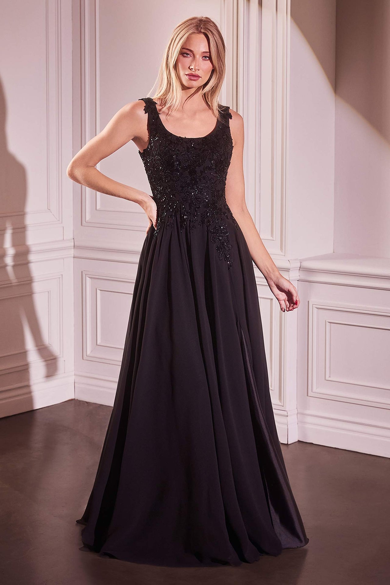 Ladivine CDS503 Dress Chiffon A-Line Beaded Lace Bodice Removable Cape