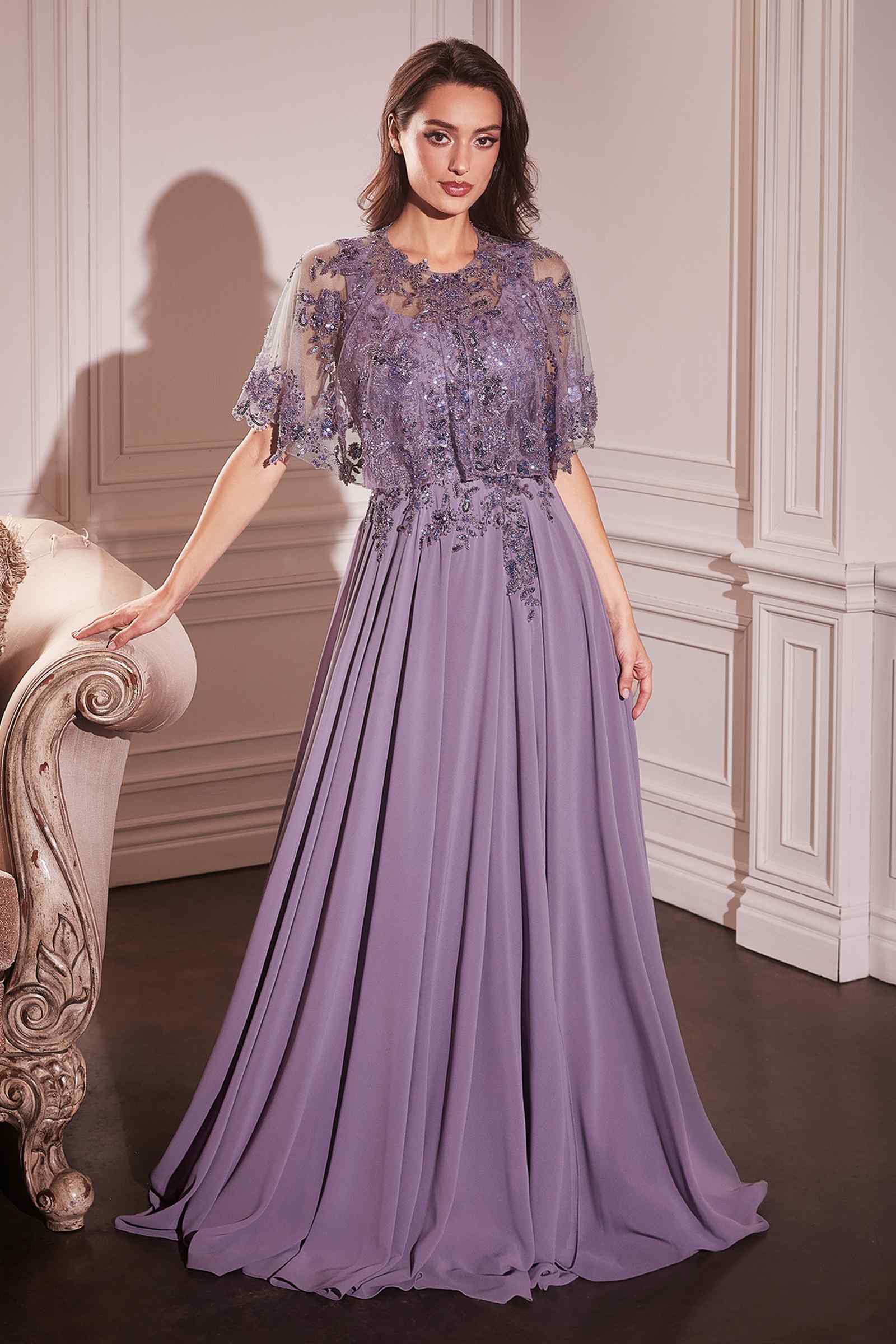 Ladivine CDS503 Dress Chiffon A-Line Beaded Lace Bodice Removable Cape