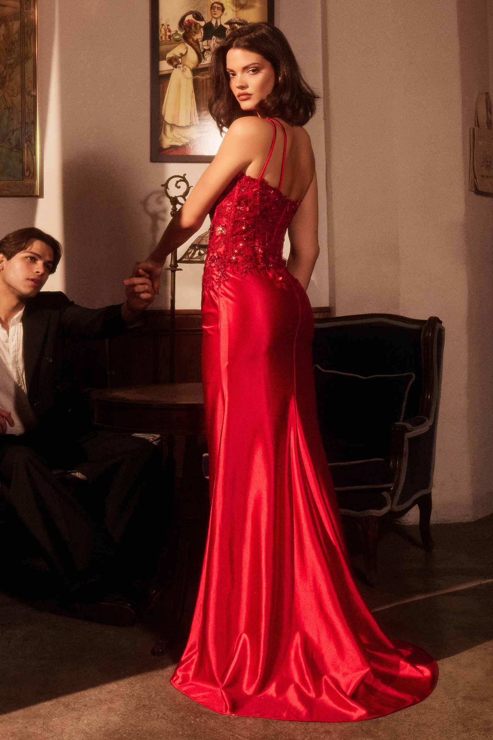 Ladivine CDS535 One Shoulder Satin Dress With Lace Applique