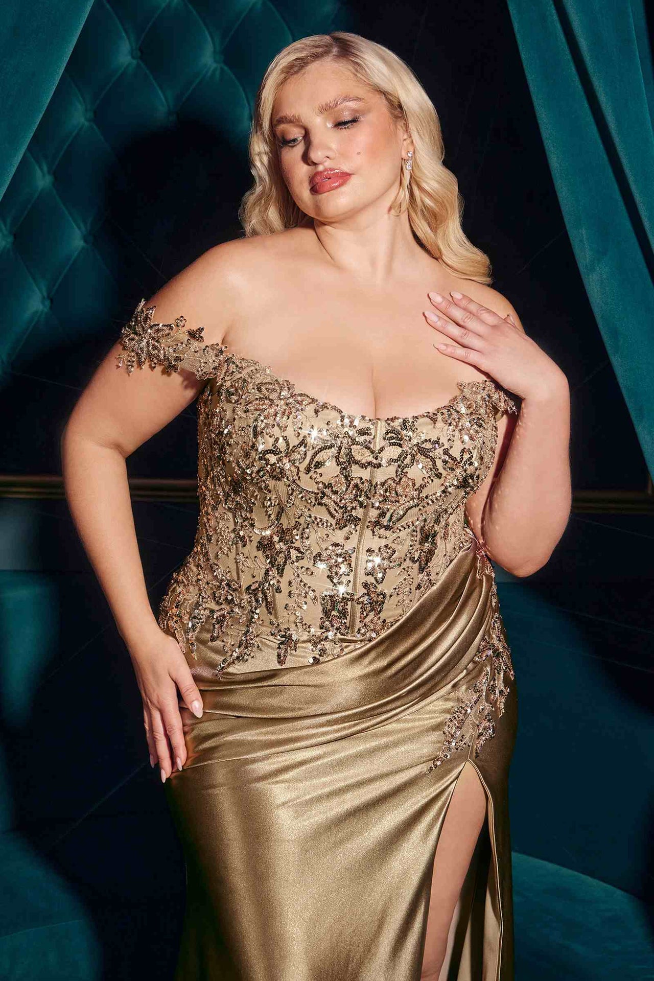 Ladivine CDS537C Off The Shoulder Lace & Satin Curve Dress