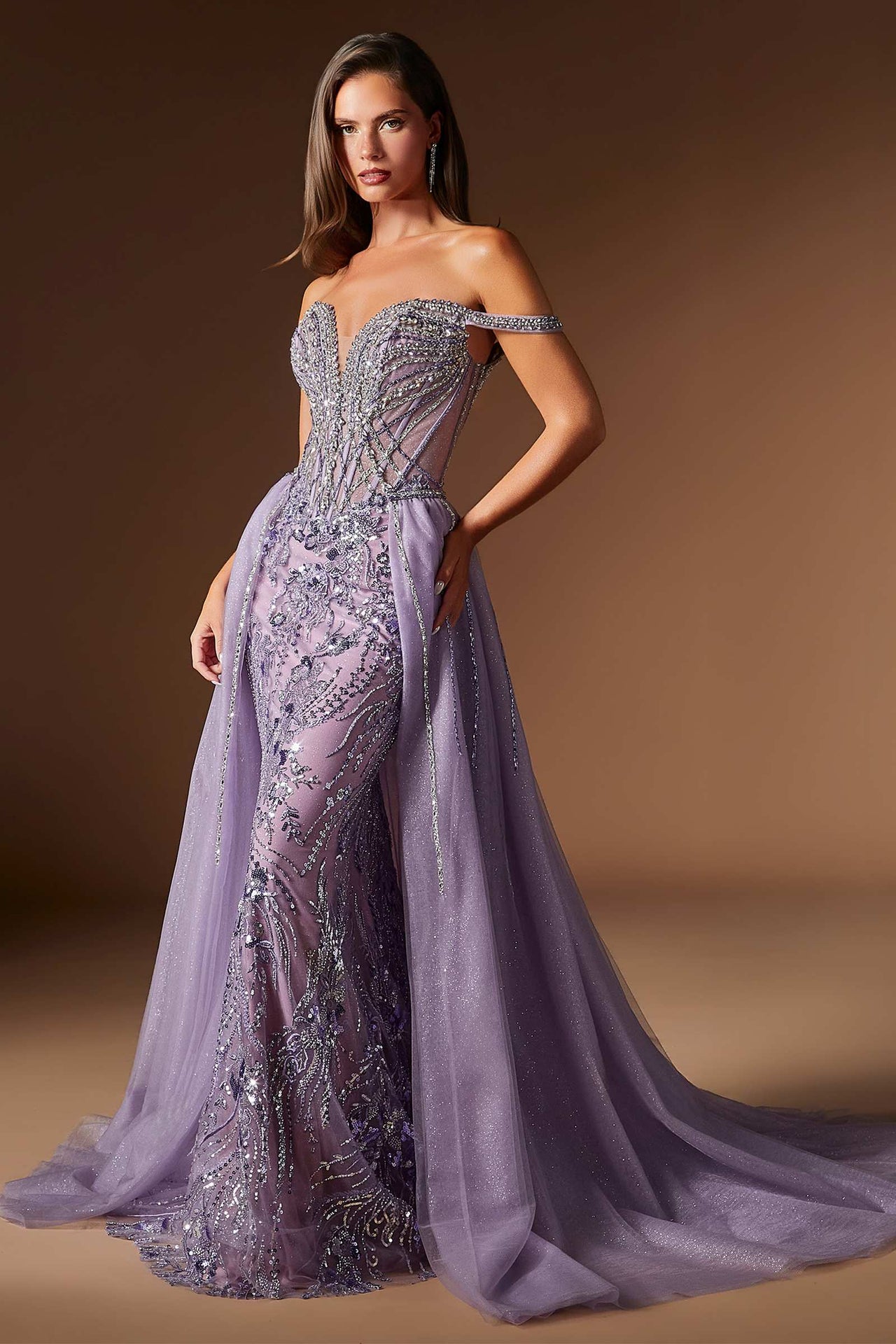 Ladivine CDS570 Fitted Formal Off Shoulder Gown with Detachable Skirt