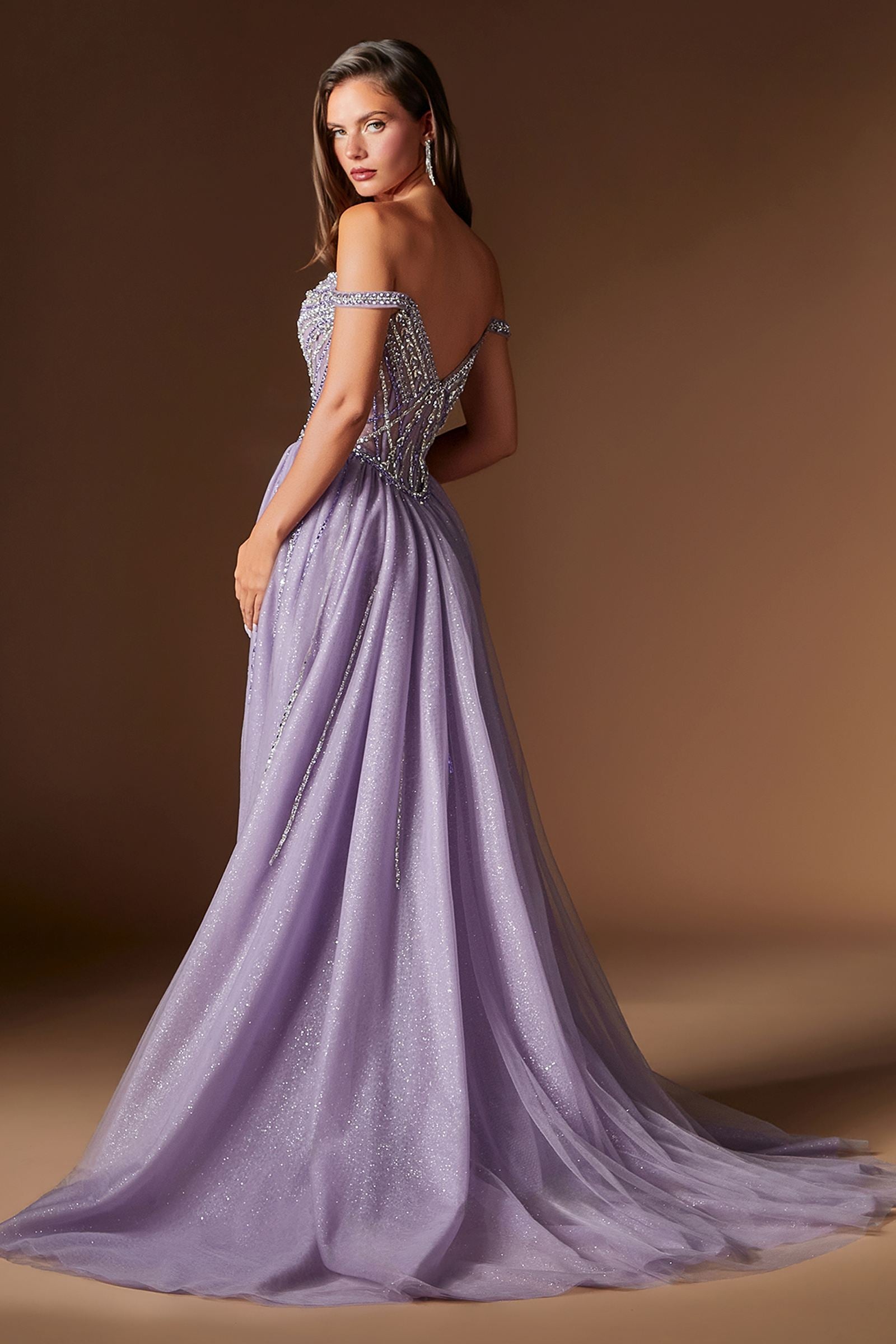 Ladivine CDS570 Fitted Formal Off Shoulder Gown with Detachable Skirt