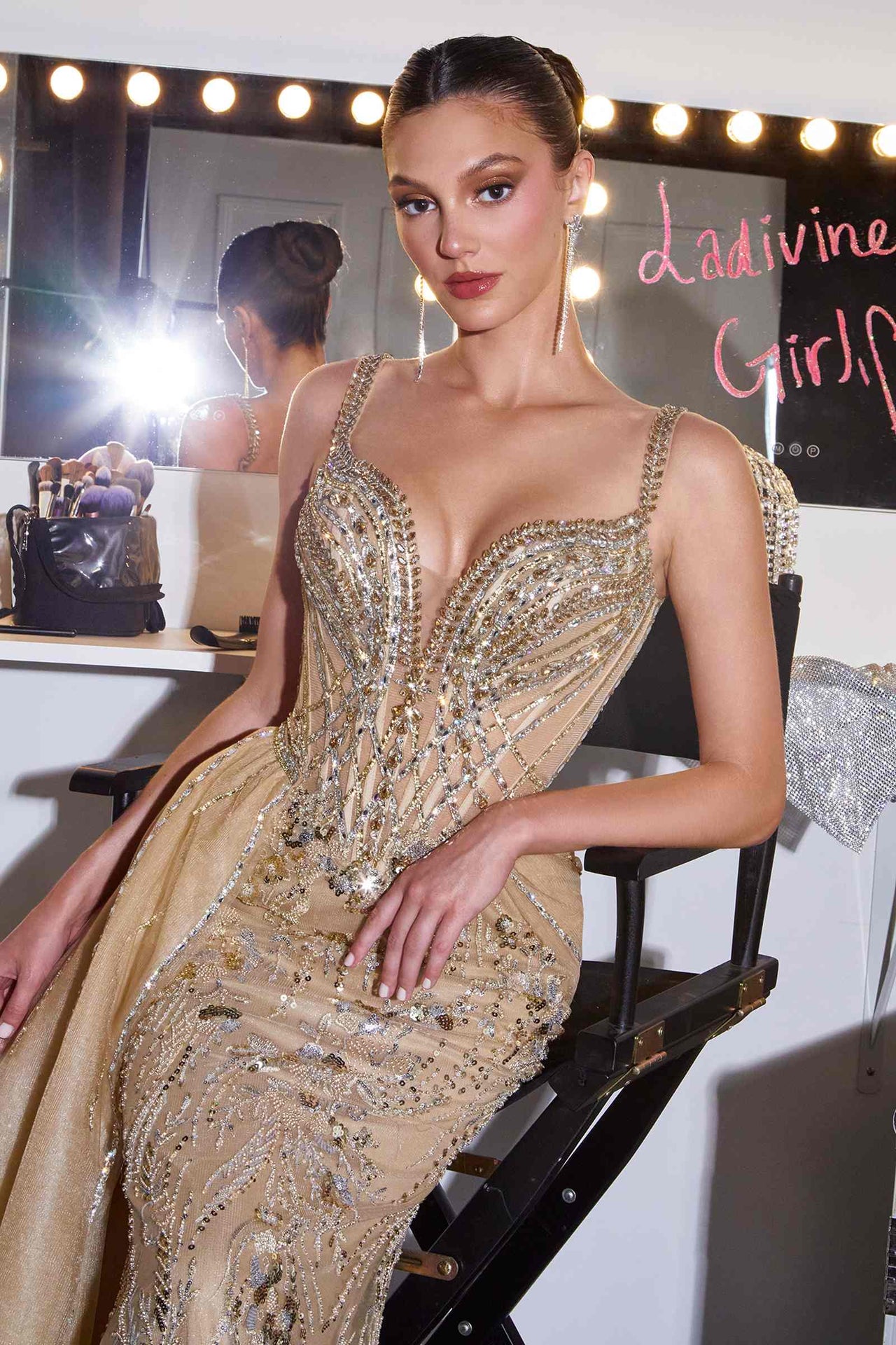 Ladivine CDS570 Fitted Formal Off Shoulder Gown with Detachable Skirt