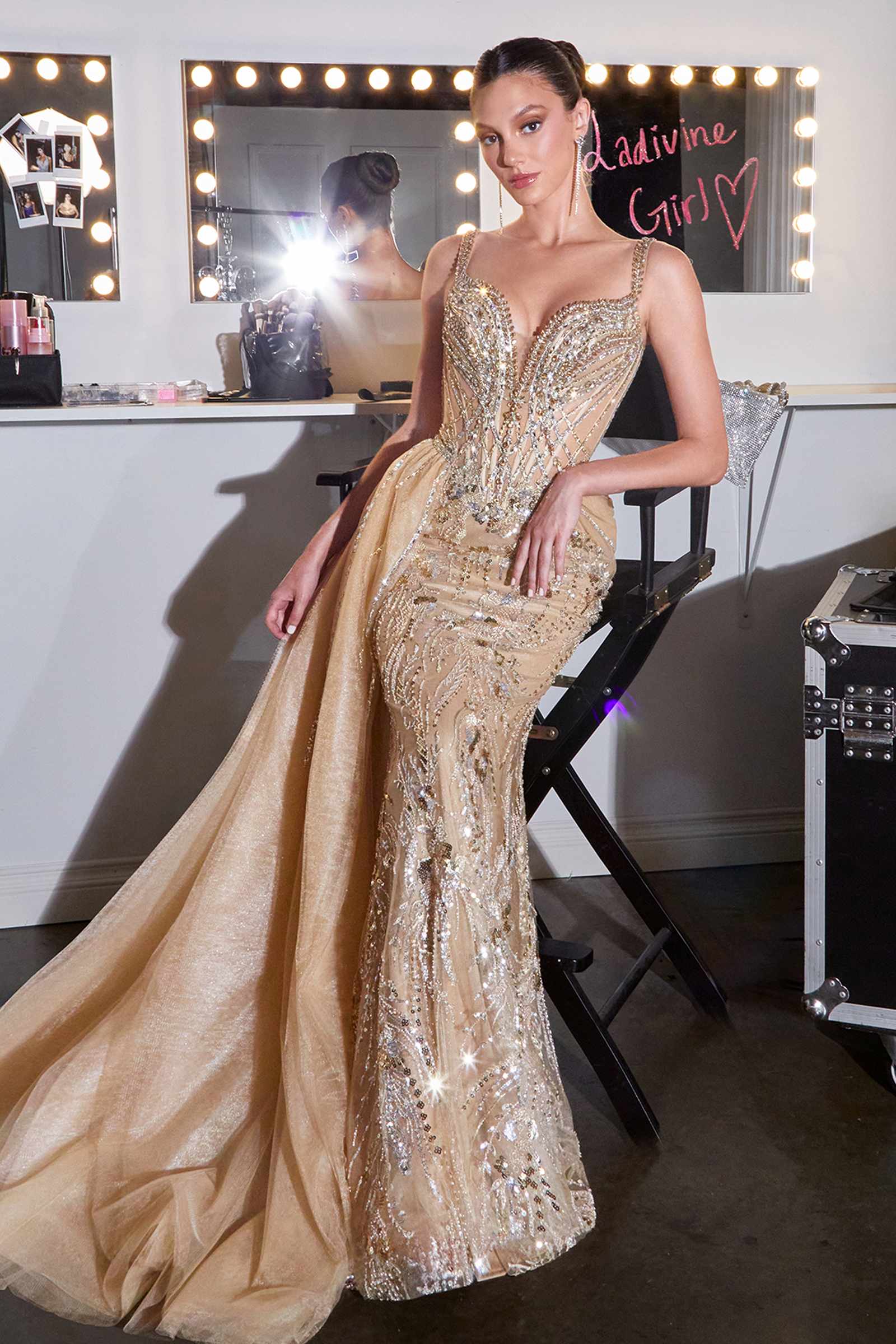 Ladivine CDS570 Fitted Formal Off Shoulder Gown with Detachable Skirt
