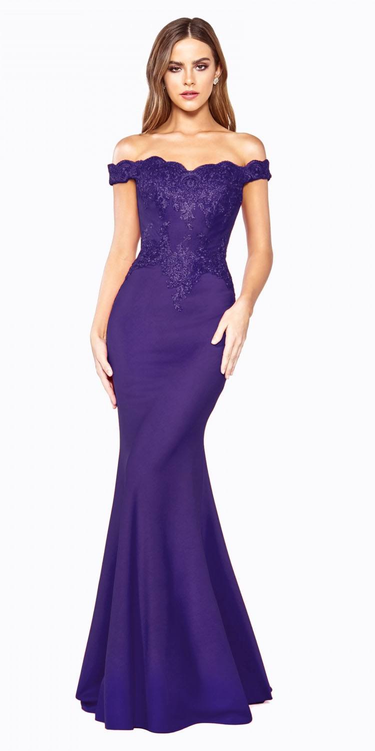 Cinderella Divine CF158 Off Shoulder Floor Length Evening Gown Applique Bodice