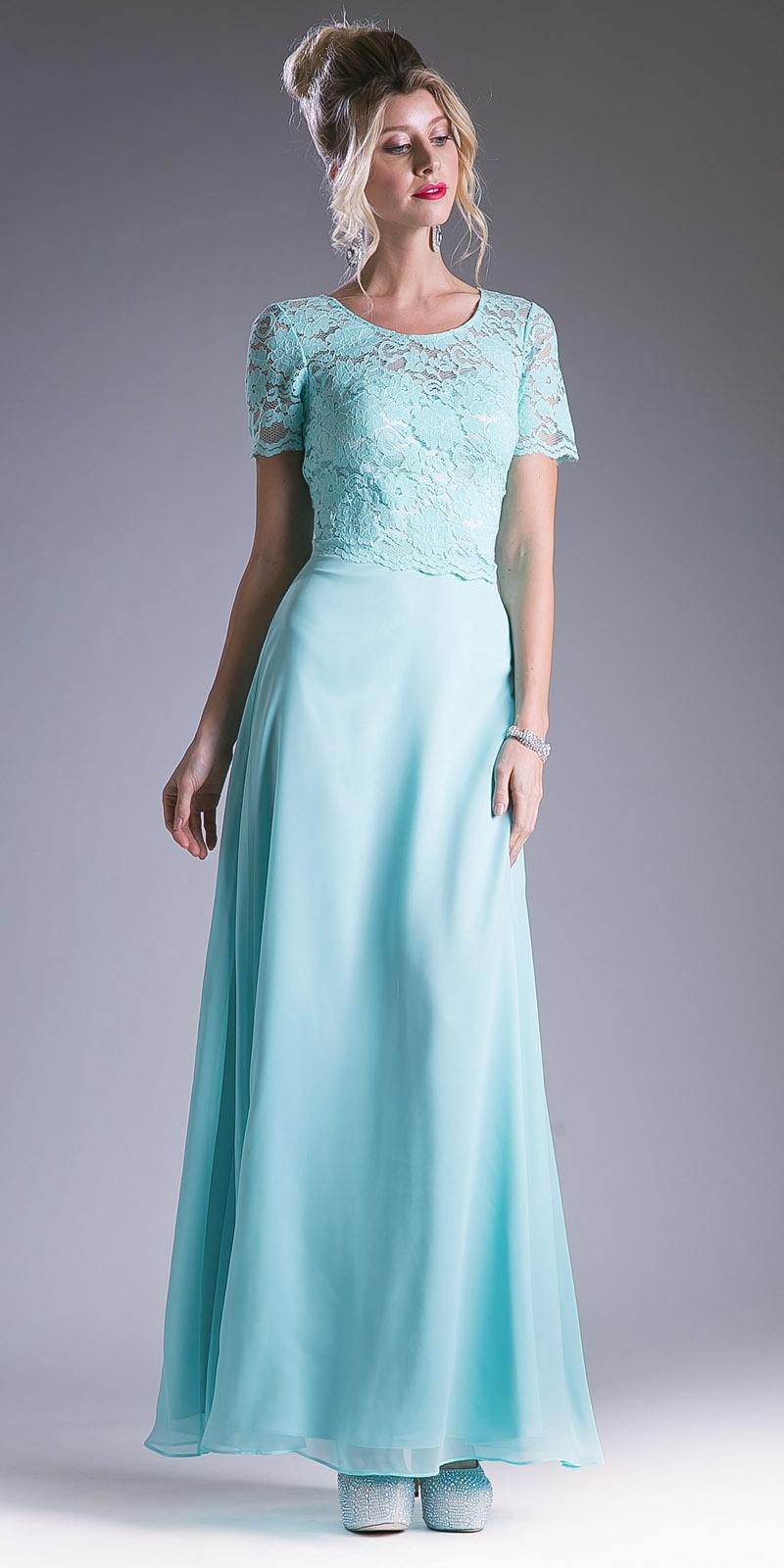 Cinderella Divine CF160 Lace Bodice Short Sleeves A-line Long Dress