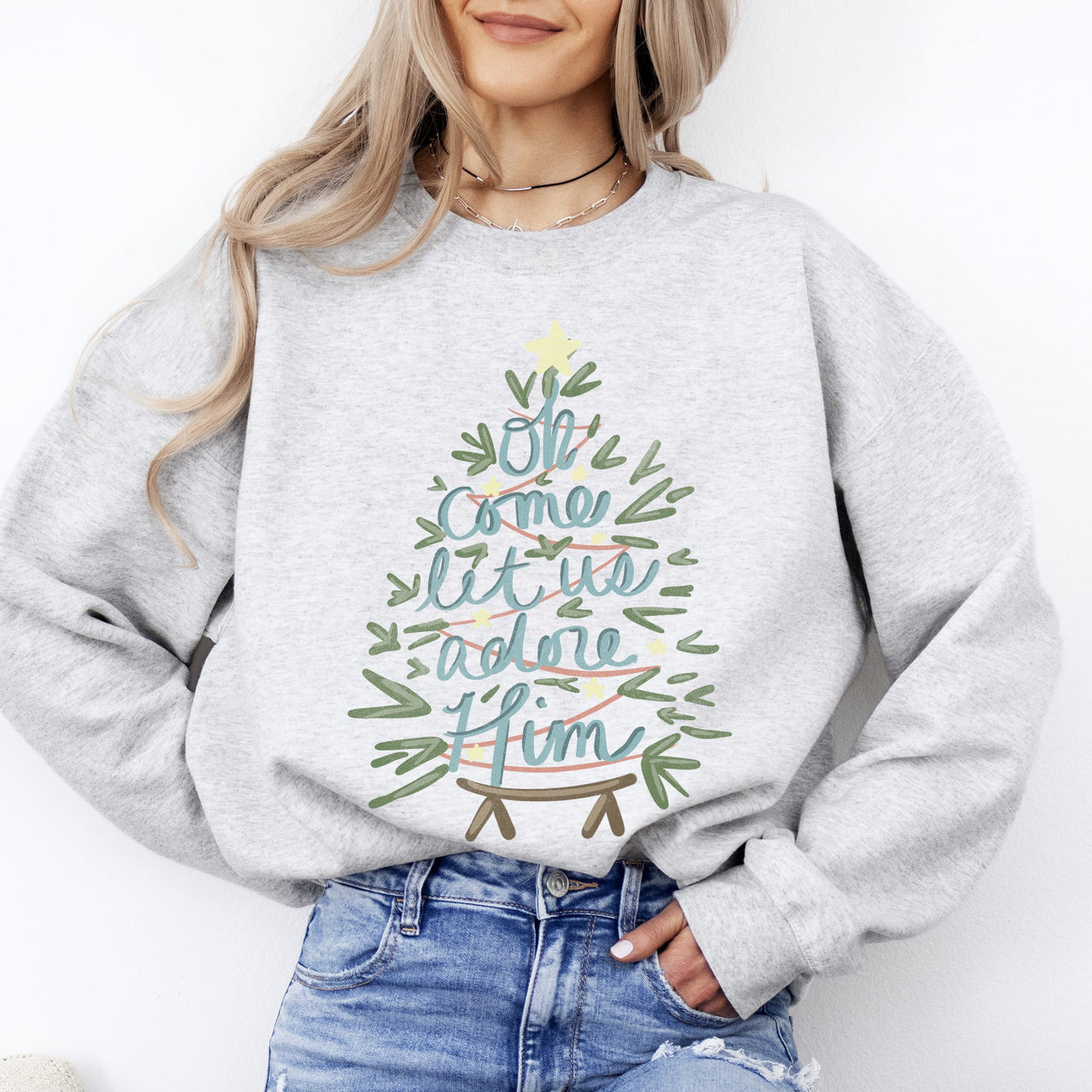 Oh Come Let Us Adore Him Christmas Carol Religious Holiday Vintage Script Sweatshirt