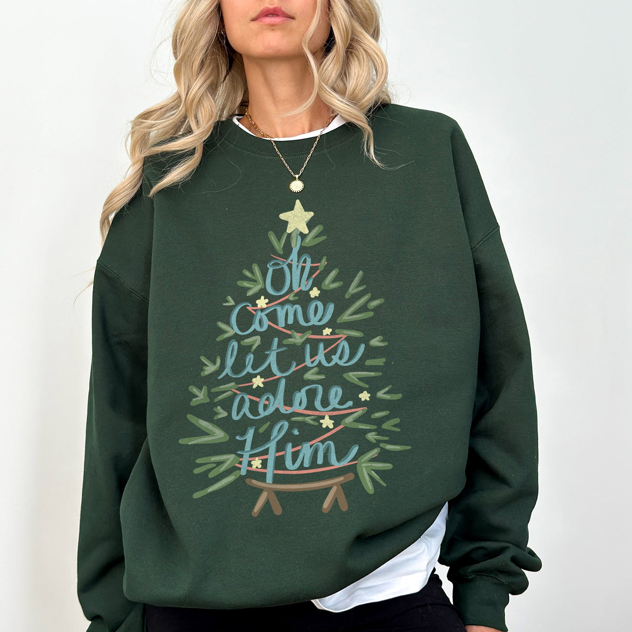 Oh Come Let Us Adore Him Christmas Carol Religious Holiday Vintage Script Sweatshirt