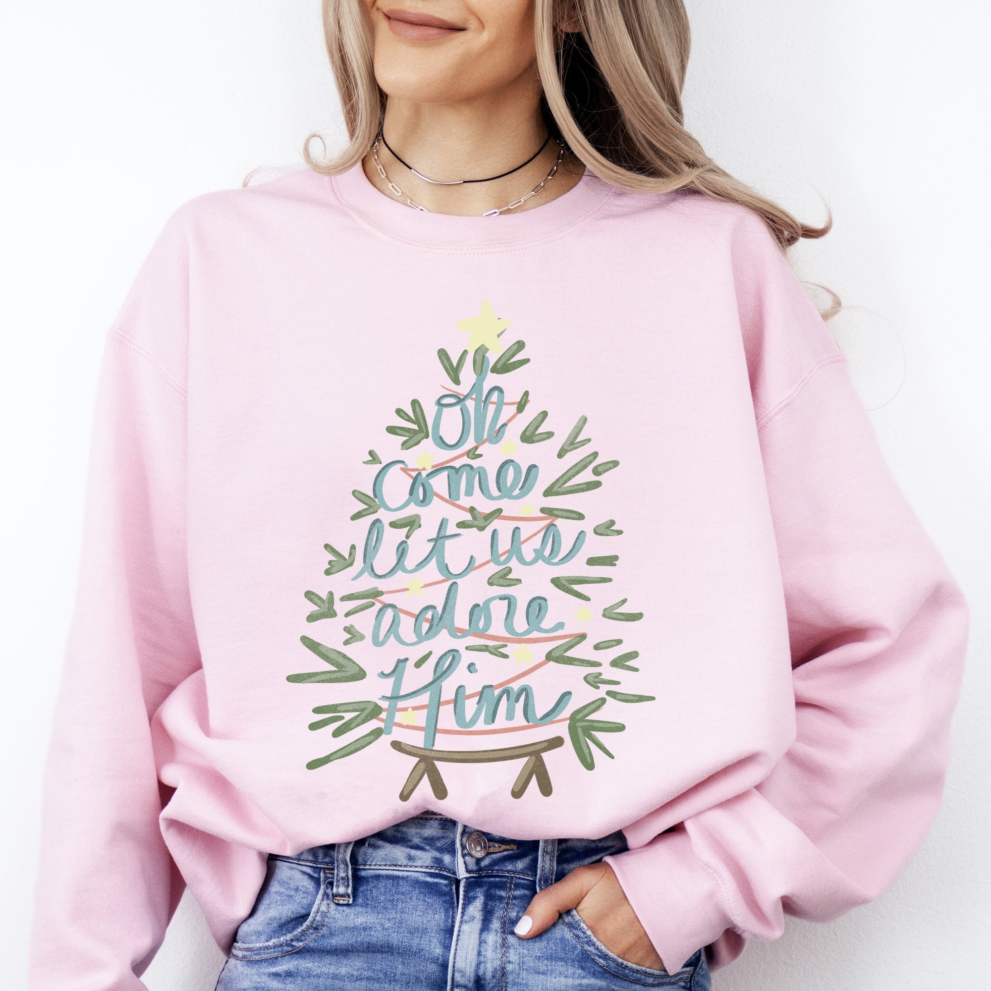 Oh Come Let Us Adore Him Christmas Carol Religious Holiday Vintage Script Sweatshirt