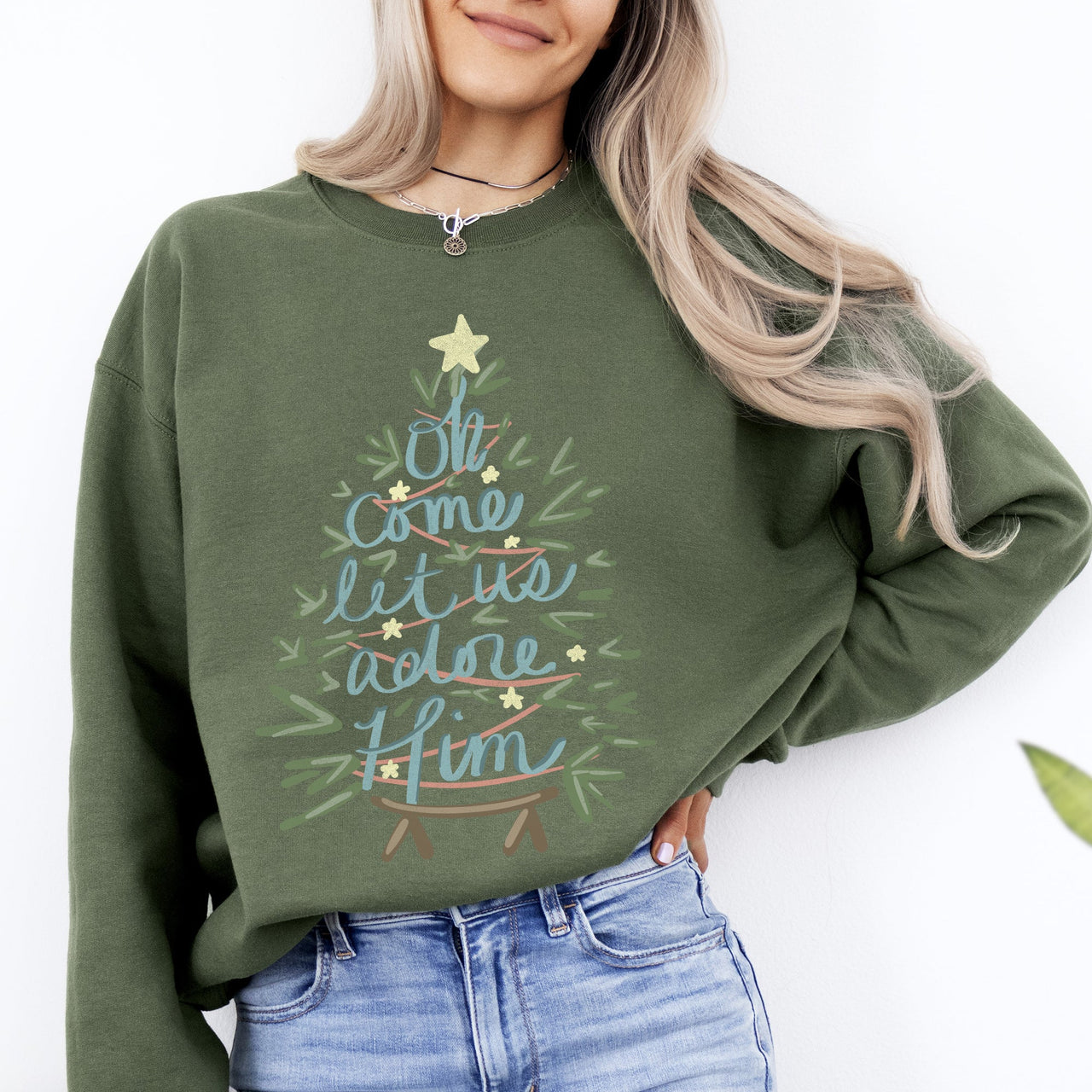 Oh Come Let Us Adore Him Christmas Carol Religious Holiday Vintage Script Sweatshirt