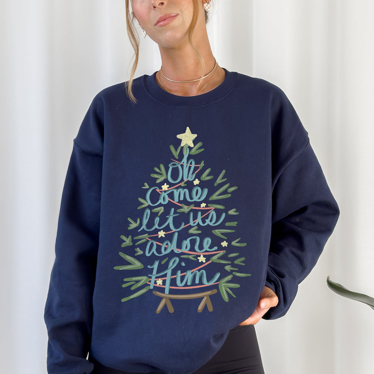 Oh Come Let Us Adore Him Christmas Carol Religious Holiday Vintage Script Sweatshirt