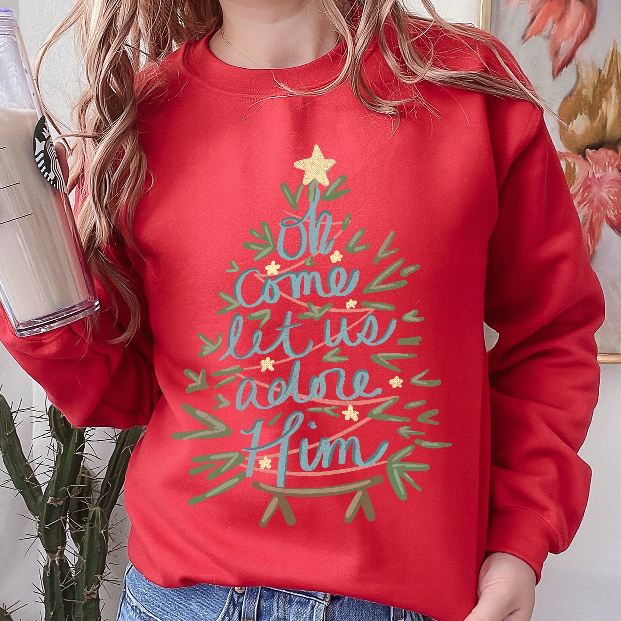 Oh Come Let Us Adore Him Christmas Carol Religious Holiday Vintage Script Sweatshirt