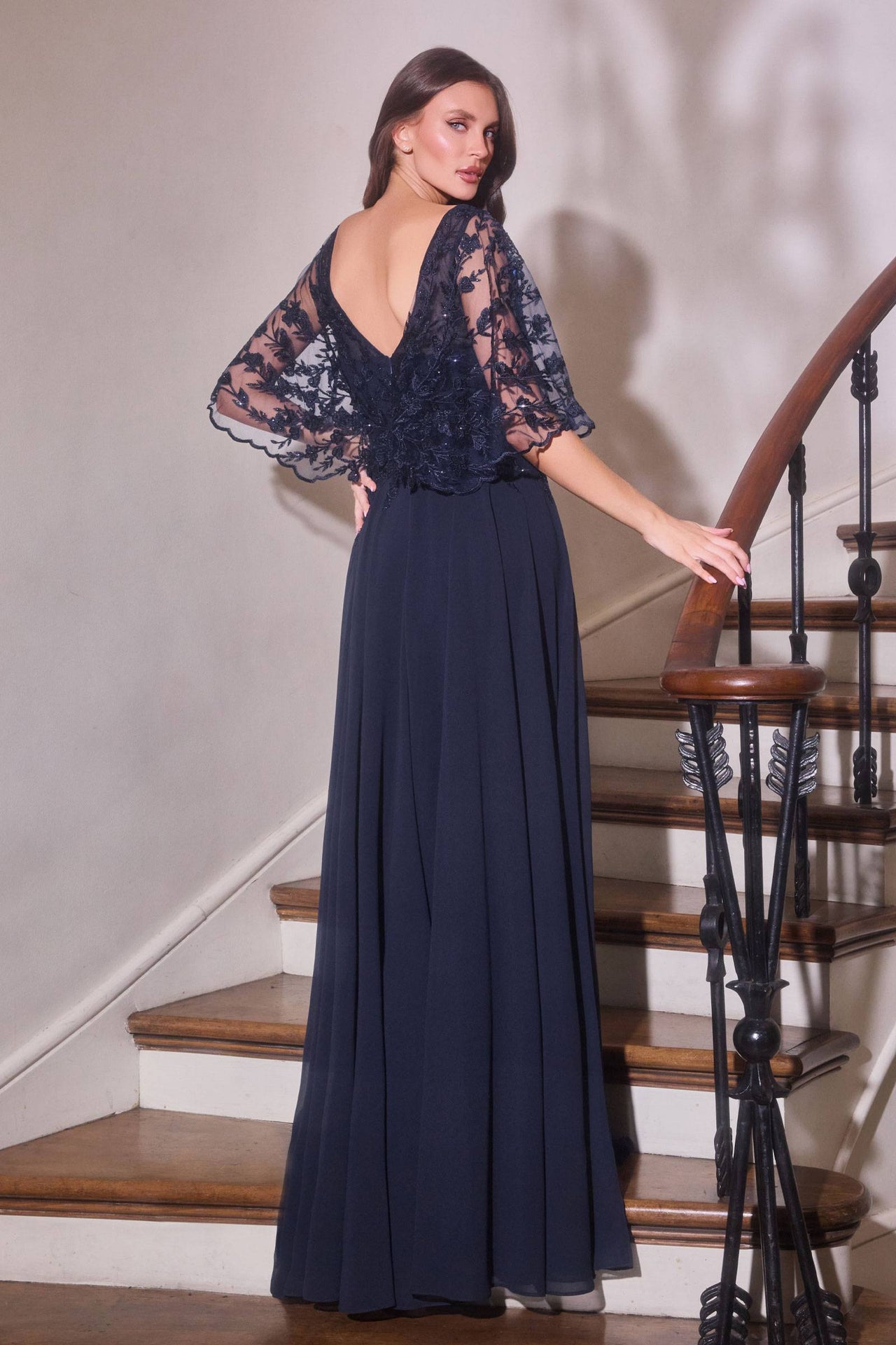Ladivine CL10 Mother of the Bride V-Neckline Lace Bodice A-Line Gown
