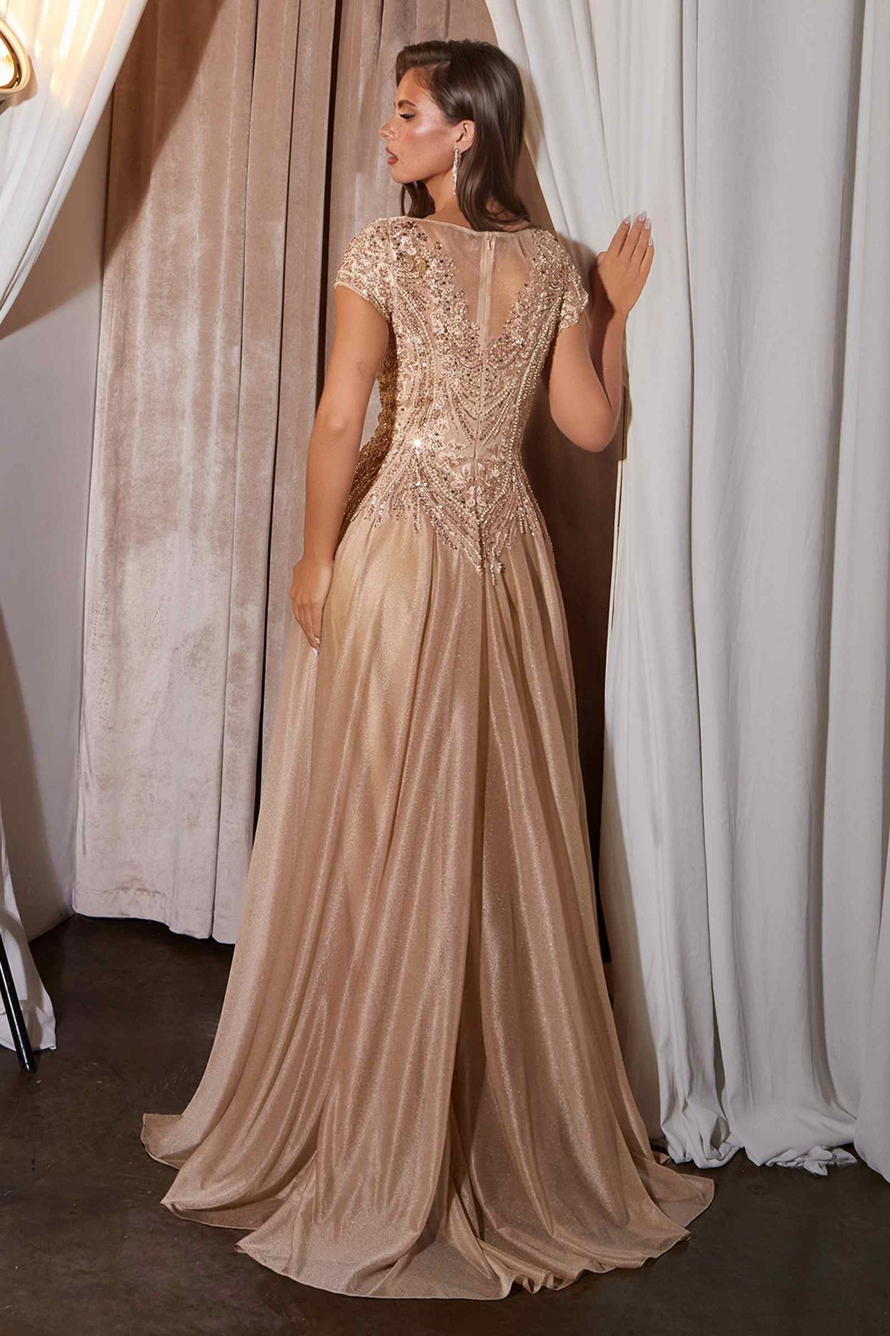 Ladivine CL11 Gold Beaded Cap Sleeve A-Line Formal Dress