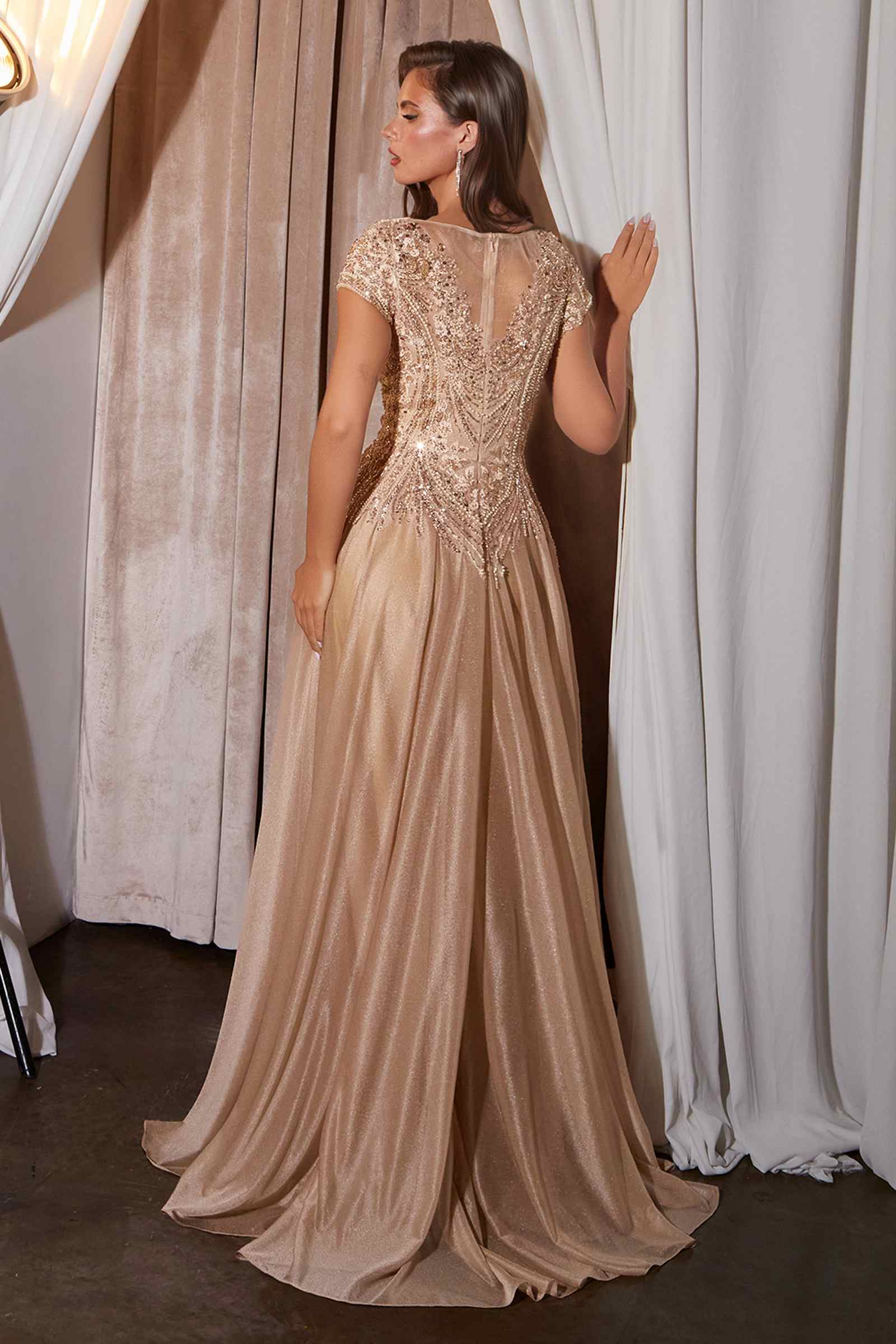 Ladivine CL11 Gold Beaded Cap Sleeve A-Line Formal Dress