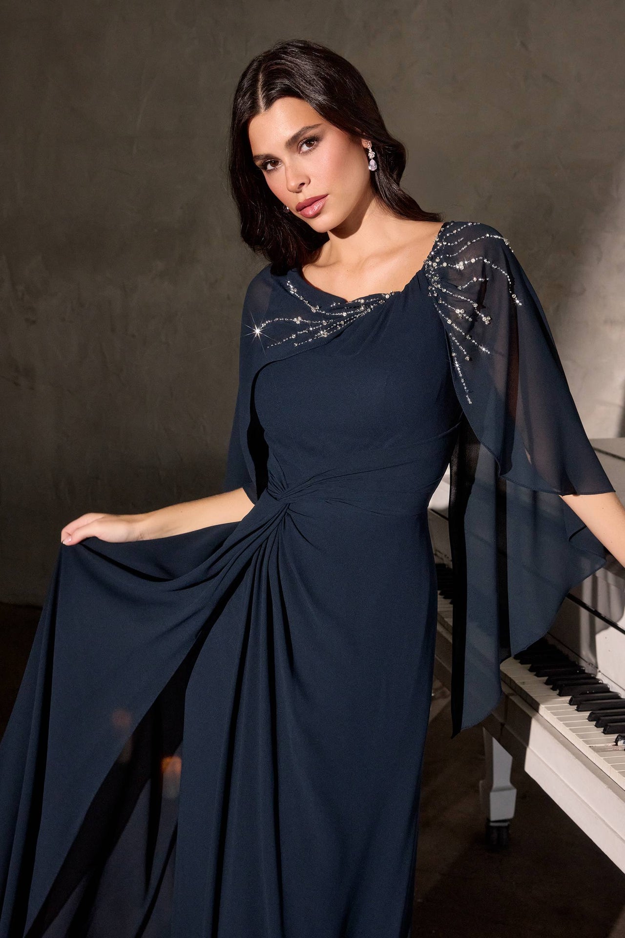 Ladivine CR884 Cape Sleeve Soft Flowing Chiffon MOB Dress