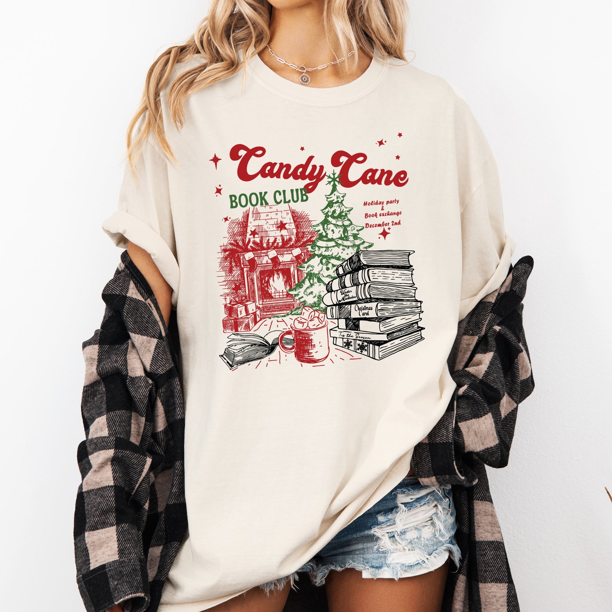 Candy Cane Book Club Christmas Reading Winter Santa Xmas Edition Comfort Colors Tee