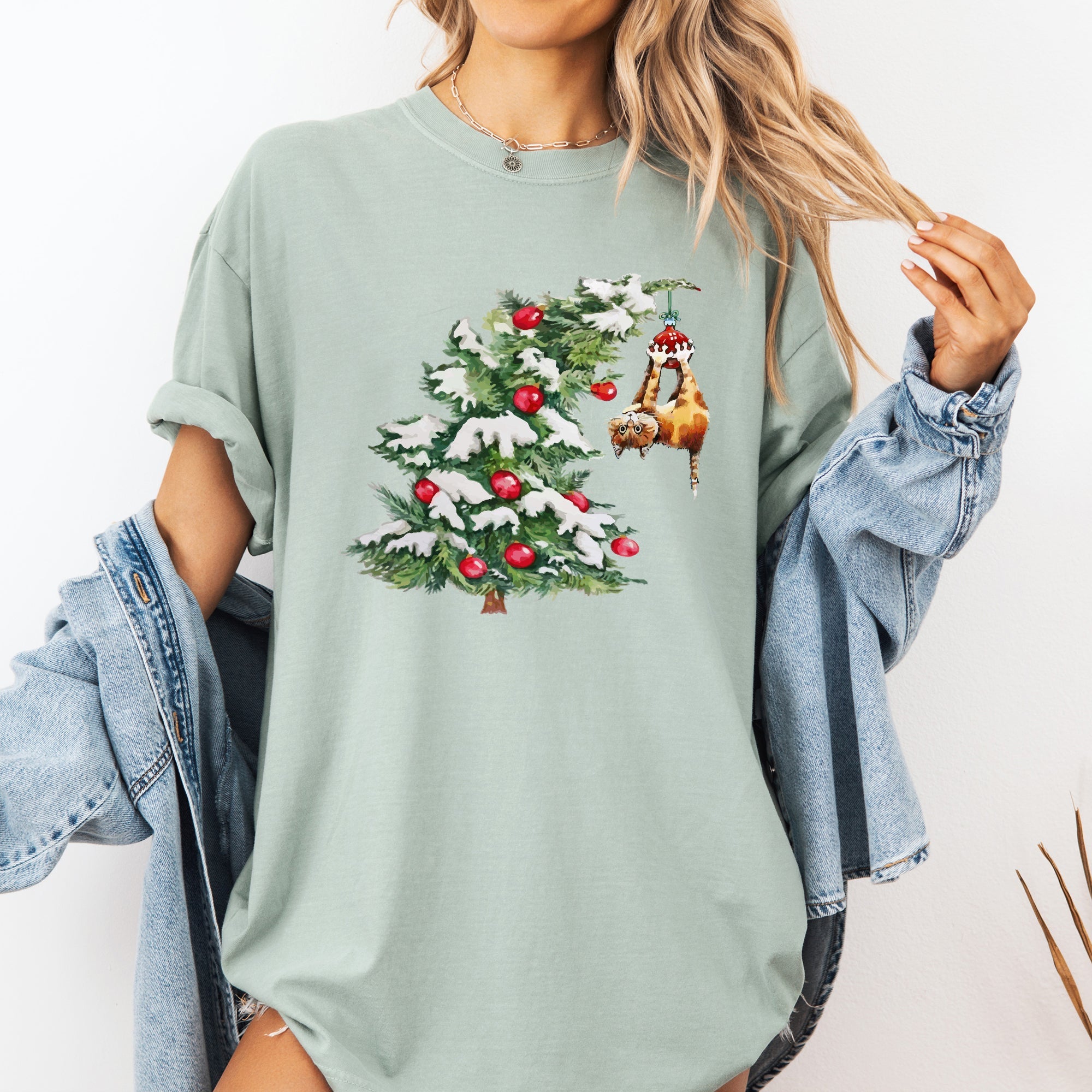Cat Christmas Tree Naughty Santa Snow Xmas Winter Holiday Season Comfort Colors Tee