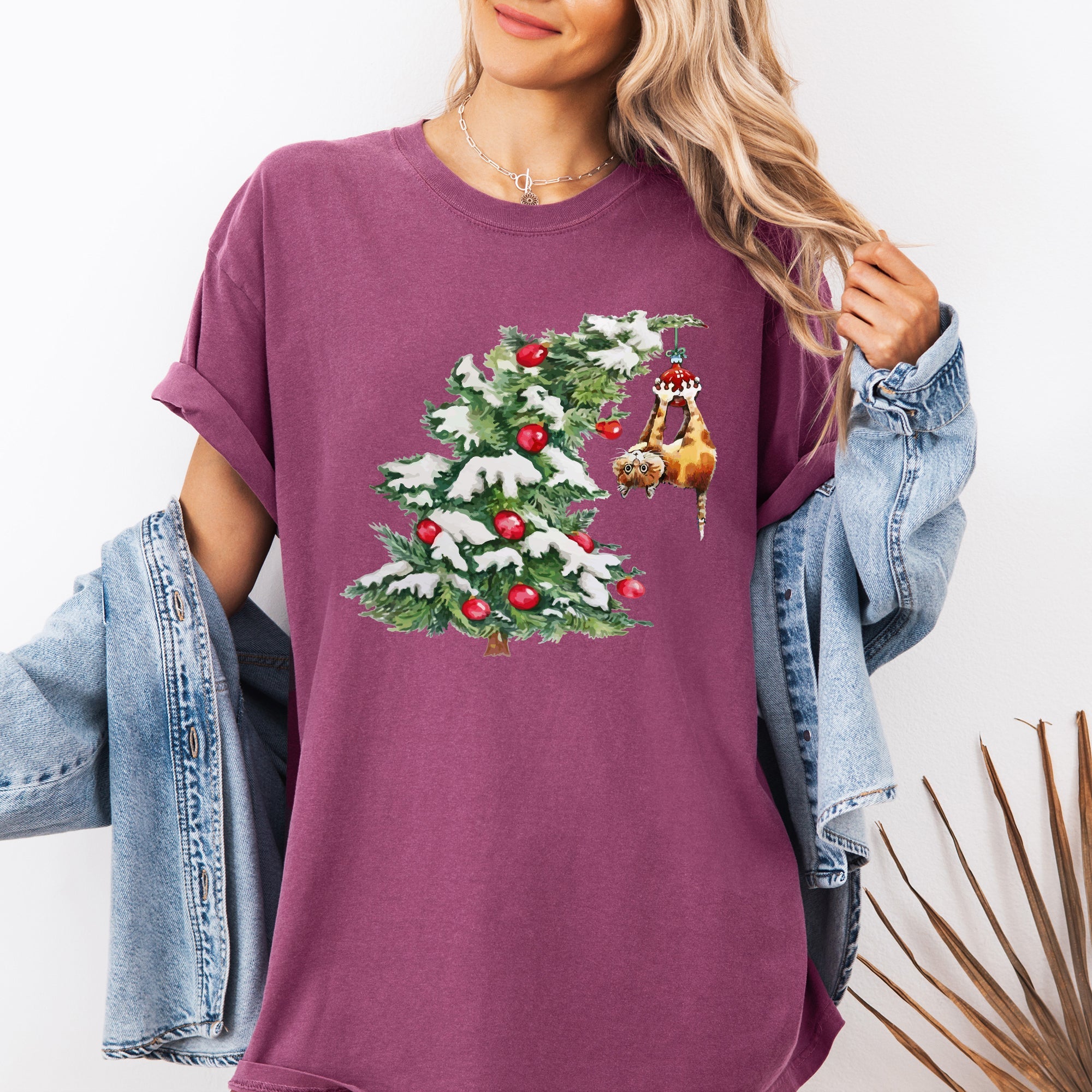 Cat Christmas Tree Naughty Santa Snow Xmas Winter Holiday Season Comfort Colors Tee