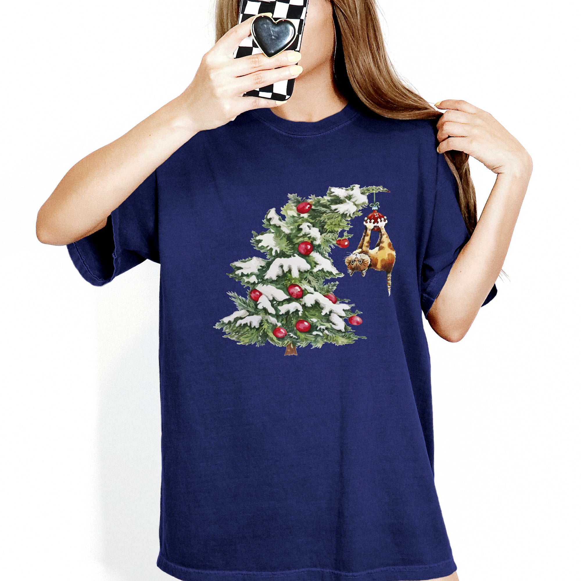 Cat Christmas Tree Naughty Santa Snow Xmas Winter Holiday Season Comfort Colors Tee