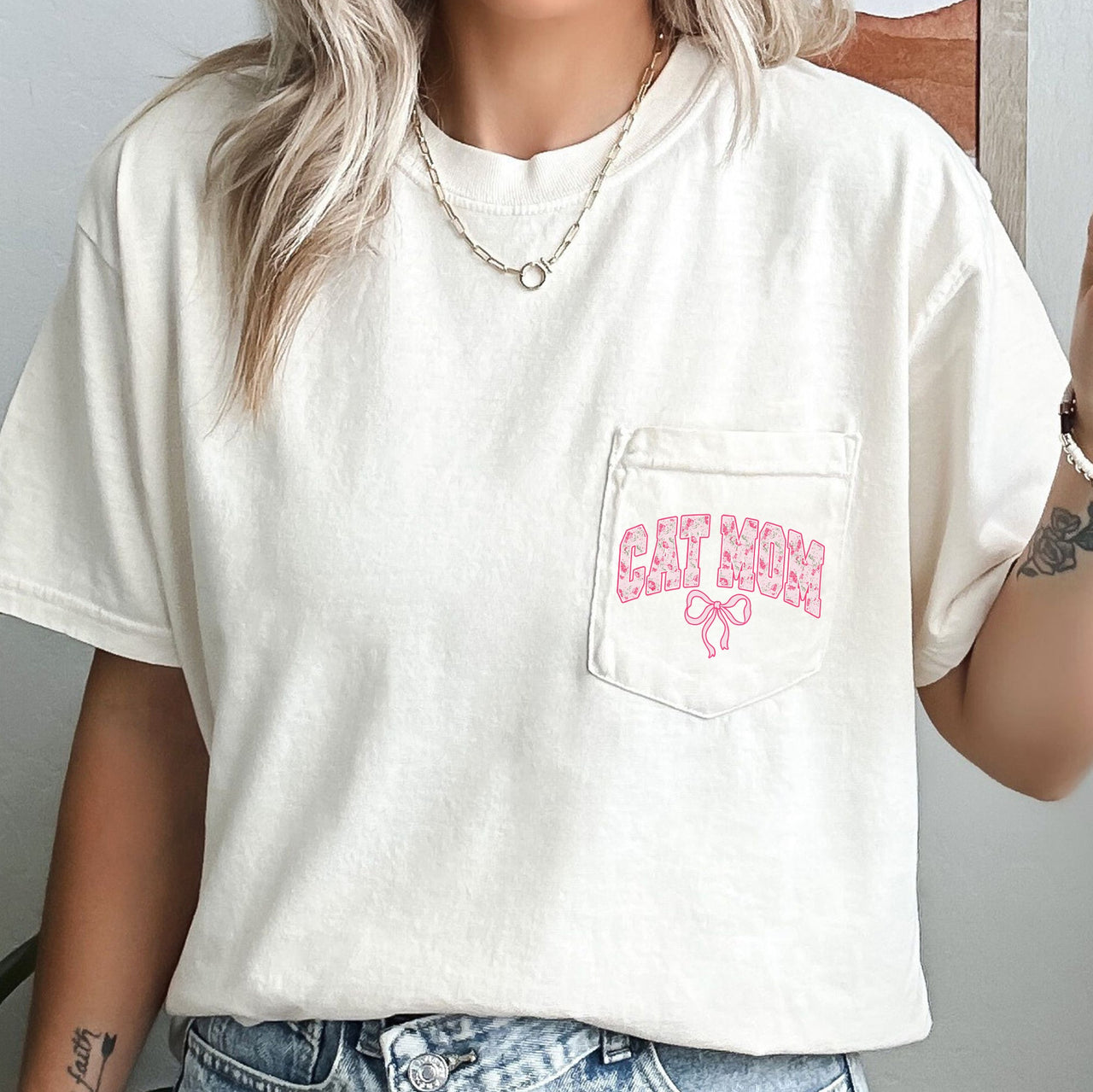 Cat Mom, Coquette, Pocket, Ribbons, Bows Pocket Tee Graphic Collection Comfort Colors Tee