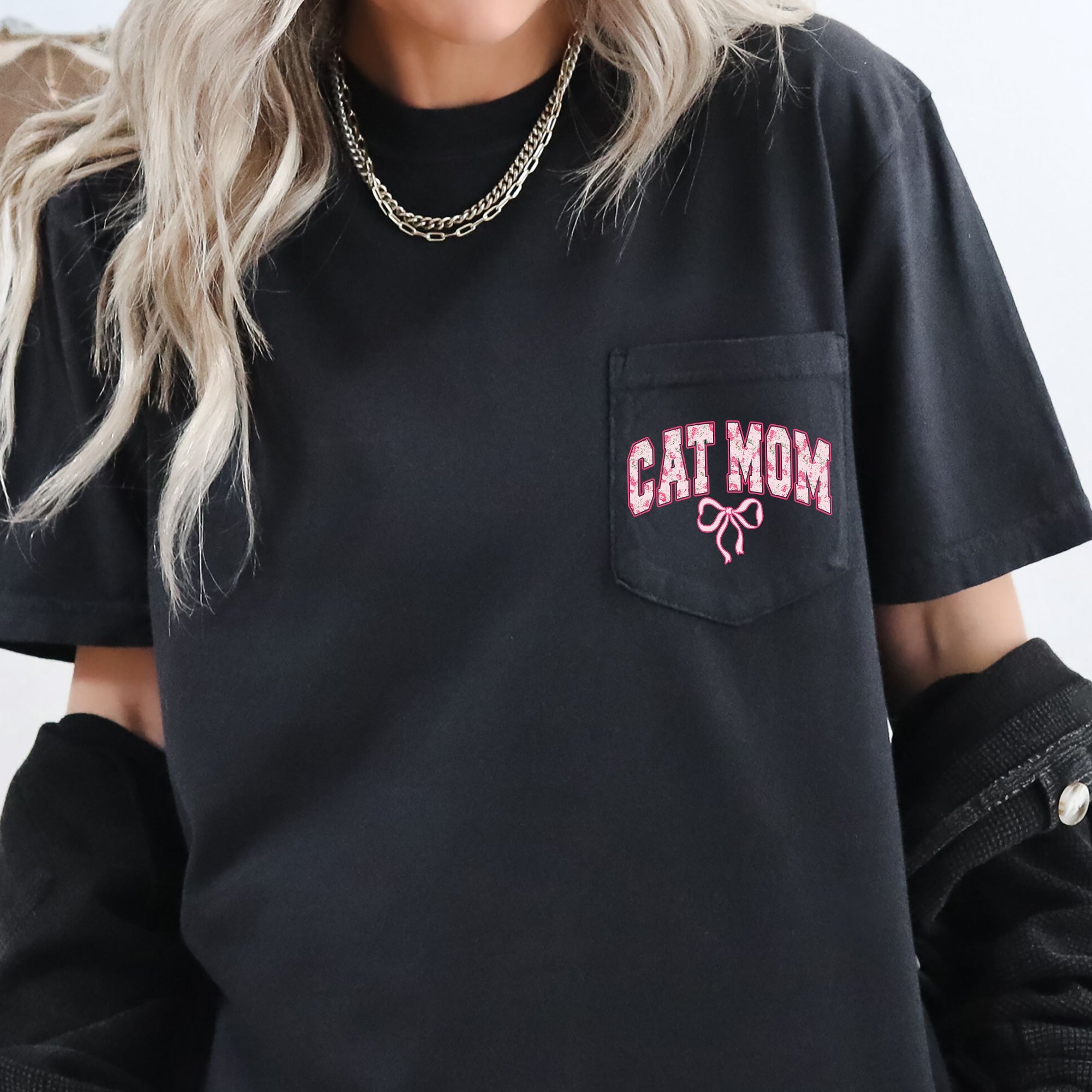 Cat Mom, Coquette, Pocket, Ribbons, Bows Pocket Tee Graphic Collection Comfort Colors Tee
